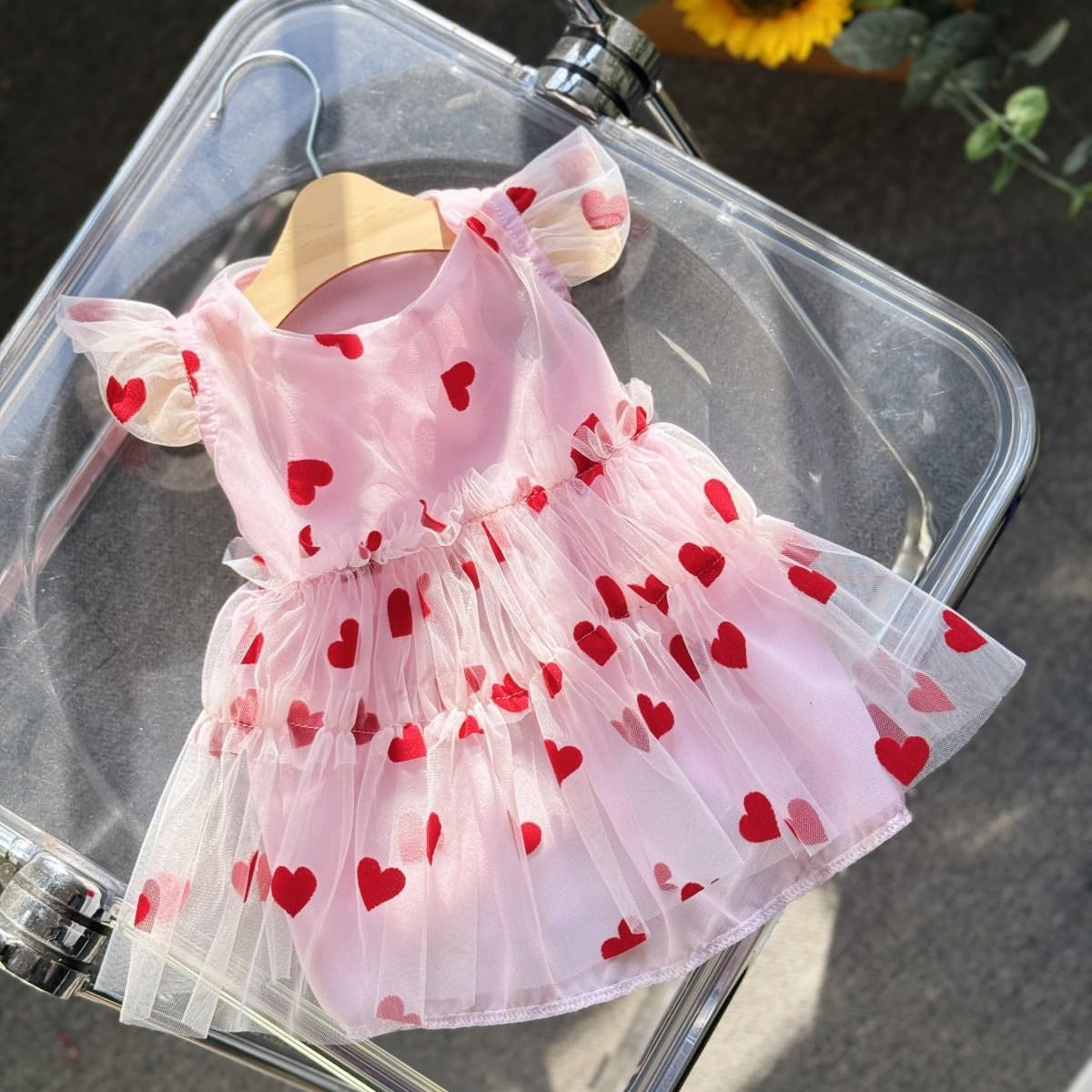 Small Dog Dresses Heart Print Dog Cat Wedding Dress Puppy Tulle Dress Doggie Tutu Skirt Cat Outfit Pet Costume for Clothes (Pink, S) image number 5