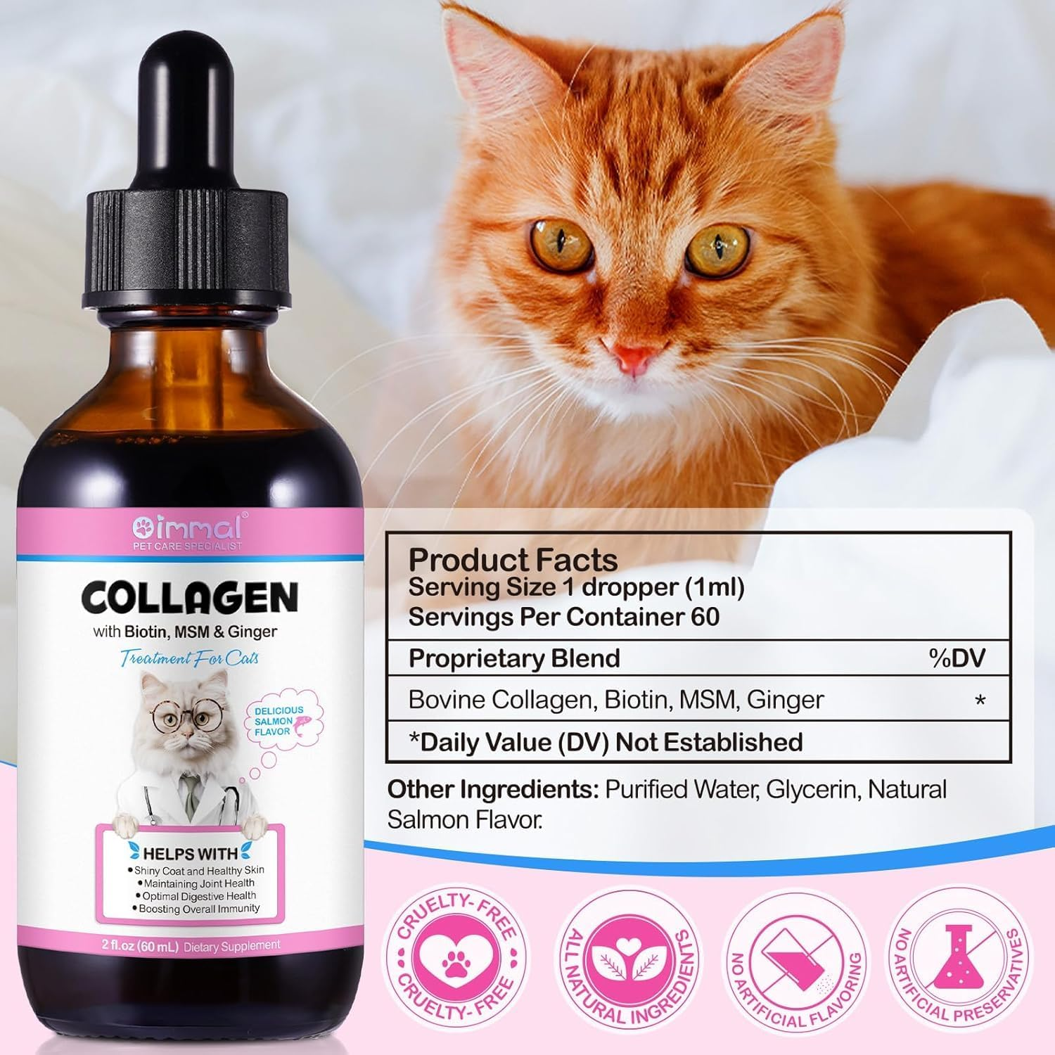 Collagen for Cats 60Ml | Liquid Cat Collagen Supplement with Biotin, MSM & Ginger | Supports Skin, Coat, Joint & Digestive Health | Salmon Flavour image number 3