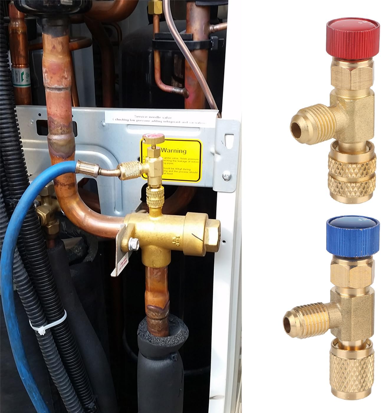 Bestgle 2 Pcs Refrigerant Charging Valve, R22 R410 Liquid Safety Adapter Flow Control Ball Valve for Air Conditioner Manifold, Red R22R410-1/4 Male to 5/16" Female, Blue R22-1/4 Male to 1/4" Female image number 2
