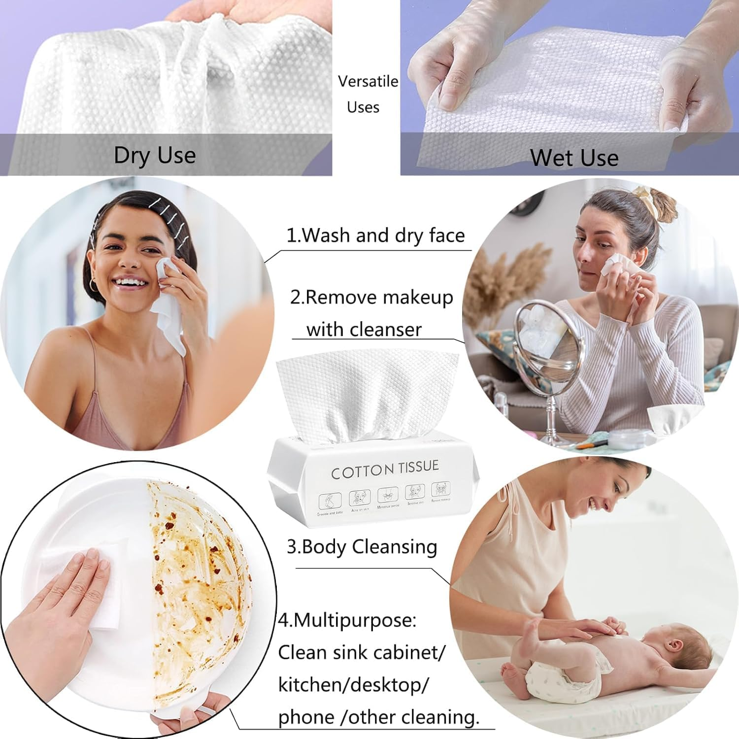 Disposable Face Towel, Extra Thick Cotton Tissue, 100% Cotton Lint Free Unscented Dry Wipes, Facial Clean Washcloth Tissue, Make up Removing Wipes Ultra Soft for Sensitive Skin Cleaning (6 Packs) image number 4