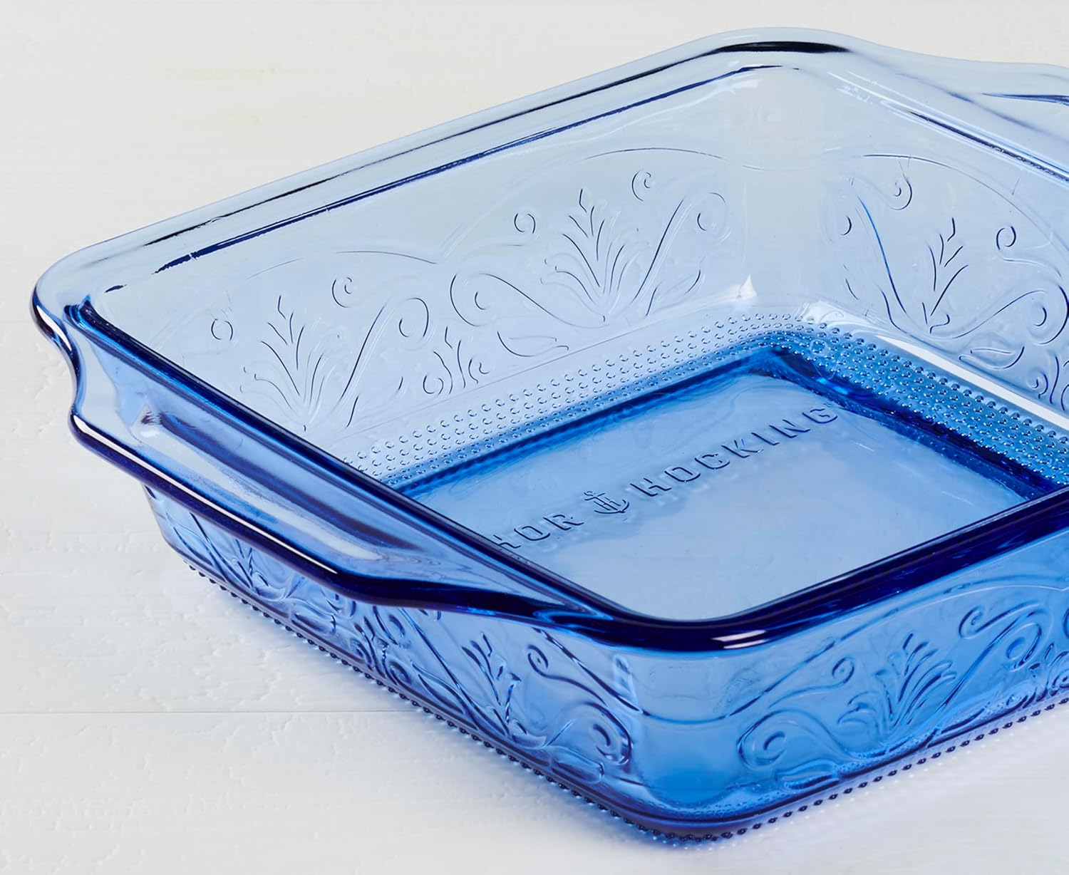 Anchor Hocking Laurel Embossed Bakeware 2-Piece Set &ndash; 3 Quart Baking Dish and 8 Inch Square Dish &ndash; Oven Safe, Microwave Safe, Dishwasher Safe Glass Bakeware, Coastal Blue image number 3