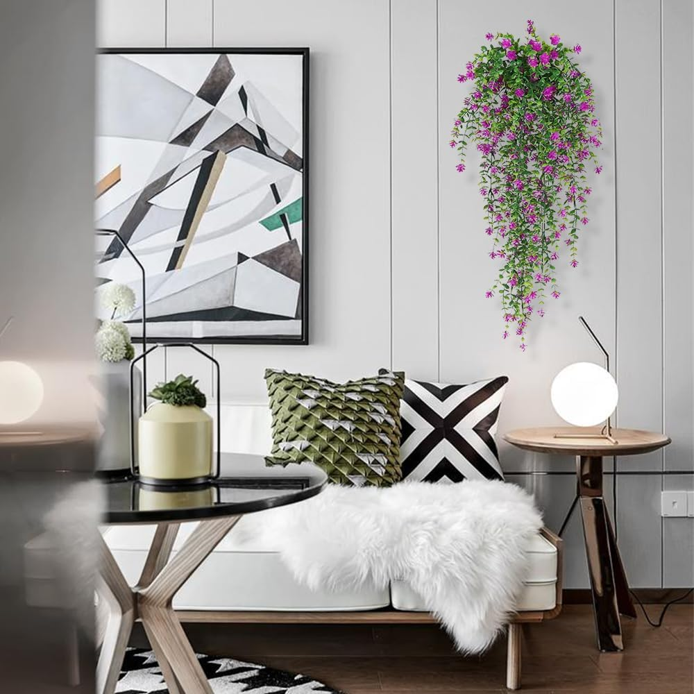 3Pcs Artificial Fake Hanging Plants Simulated Faux Fern Outdoor UV Resistant Plastic Greenery Flowers Plant Vine for Decorations Home Room Wall Garden Courtyard Wedding Party Balcony Decor(Rose)