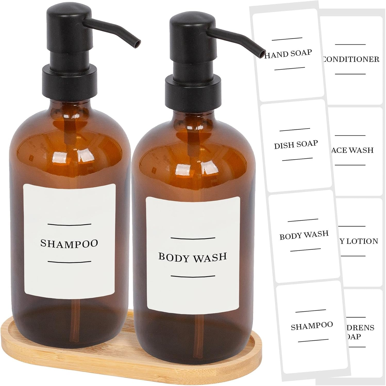 Harbour Housewares 2Pc Glass Soap Dispenser with Bamboo Tray & Labels - Amber/White - 500Ml Refillable Soap Dispensers Hand and Dish Liquid Pump for Bathroom, Kitchen, Laundry Room image number 6