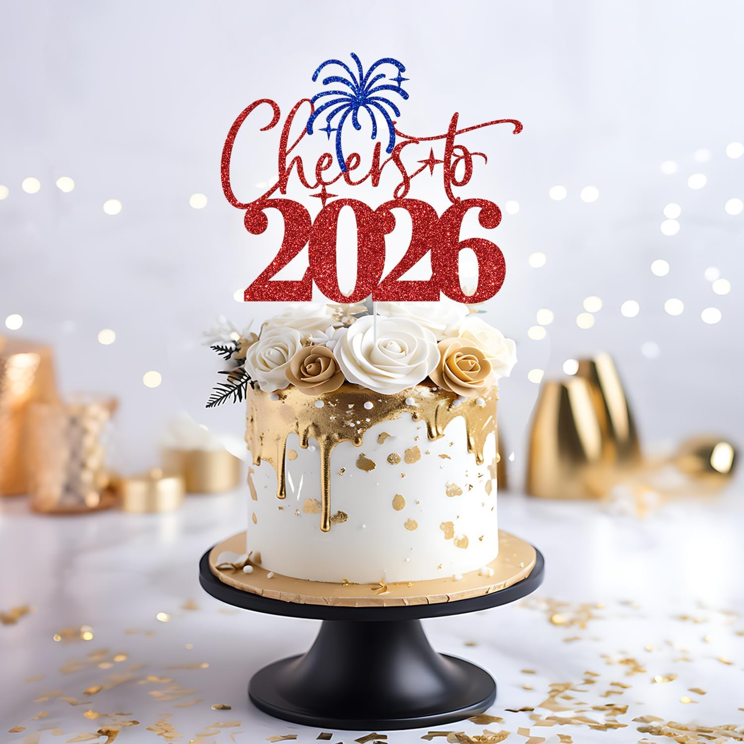Cheers to 2025 Cake Topper, Happy New Year Cake Picks, Welcome 2025, New Year'S Eve/Christmas/Happy Holiday Party Decoration Supplies, Red & Blue Glitter image number 5