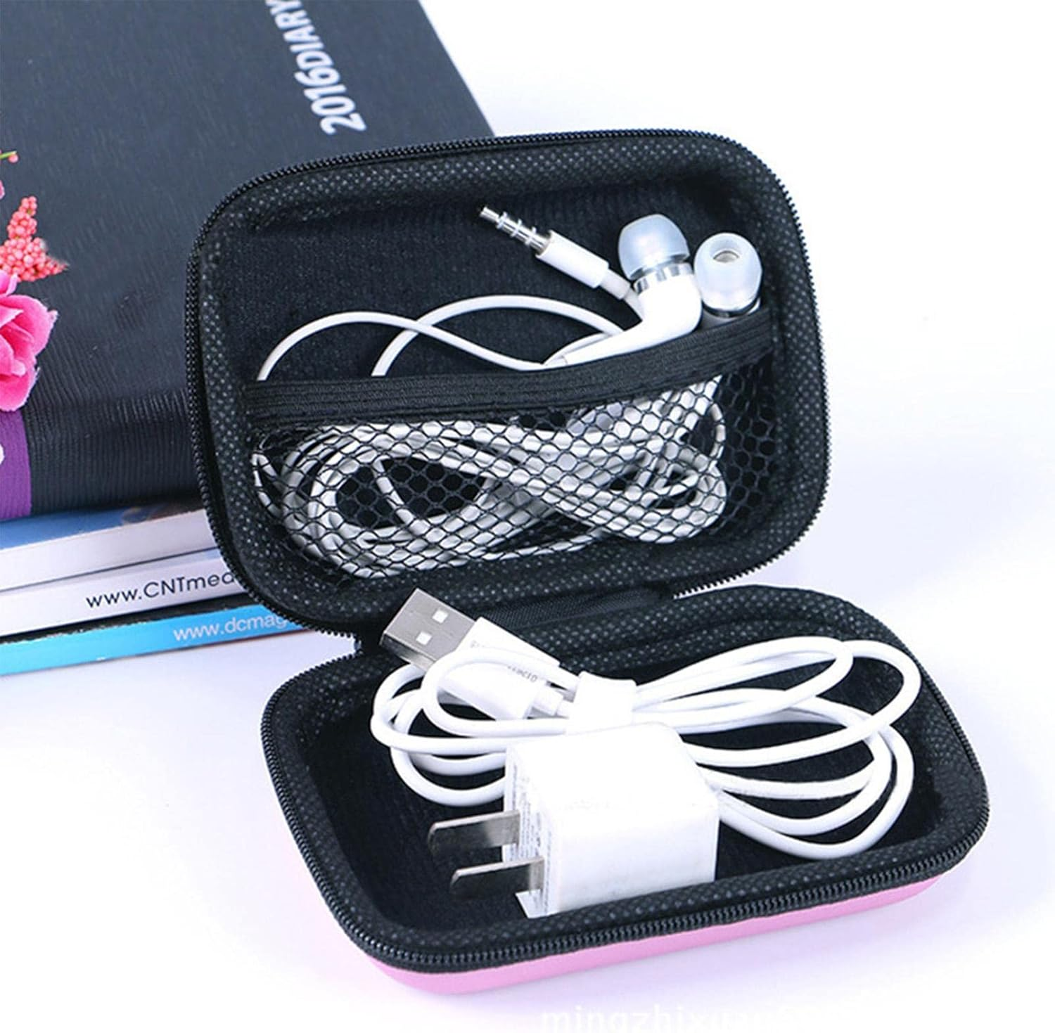 Electronic Organizer Case - 10X7Cm Cord Holder Travel Bag, Small Gadget Pouch, Data Cable Organizer | Chargings Case Earphone Bags Zippered Pocket for Men Women and Daily Office Use, Pink, Refer To - Pink image number 4
