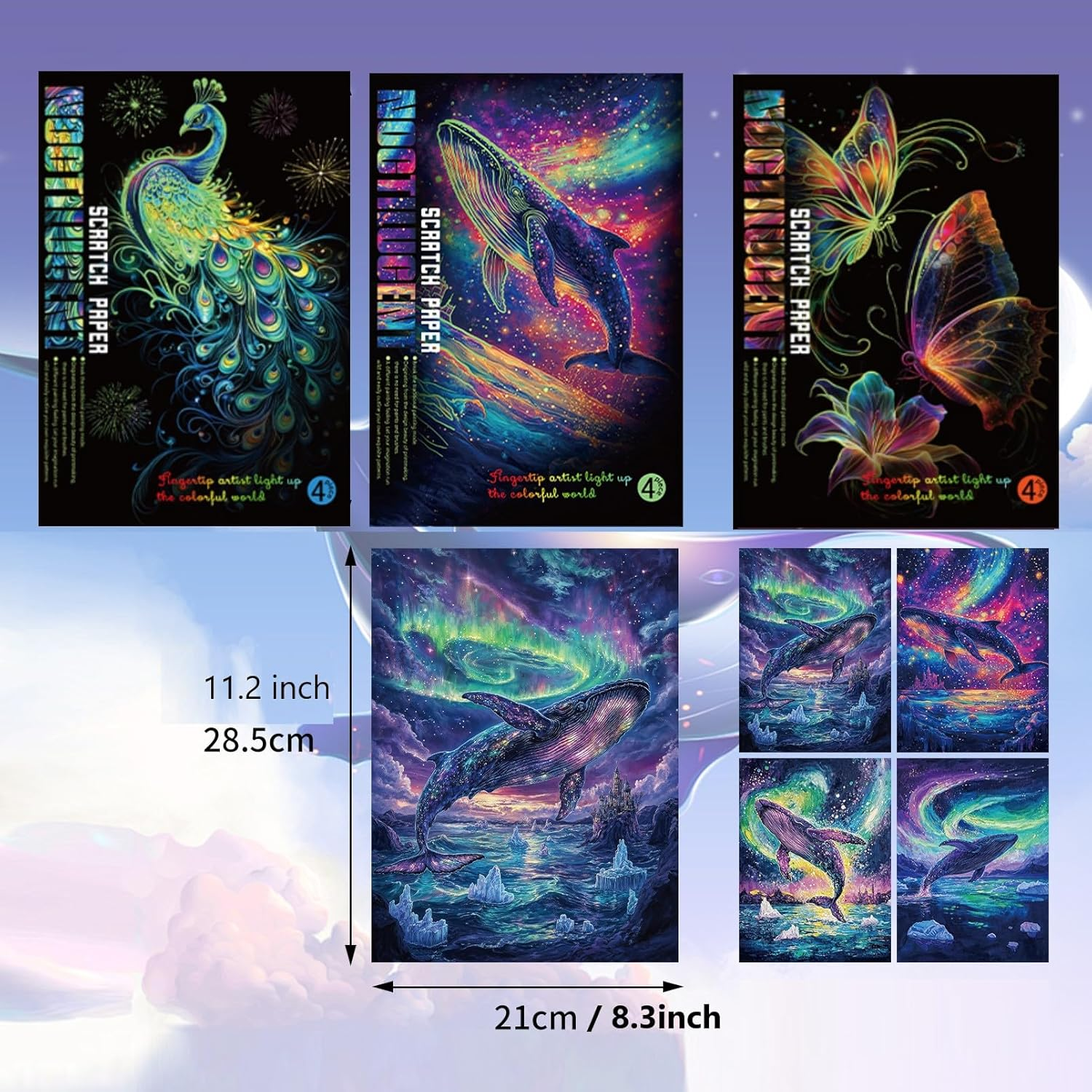 12 Pcs Glow in the Dark Scratch Art Rainbow Painting Paper with Pen, Rainbow Engraving Landscape Scratchboard(A4) for Adults, Fun Sketch Card Creative Craft (Ocean Butterfly Peacock)