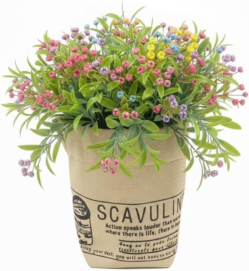 N&zwnj;Oristyle White Artificial Flowers with Burlap Bag &ndash; Subtle Sheen Small Potted Fake Plastic Baby'S Breath Flowers 6-Pack for Spring Summer Home Indoor Table Wedding Outdoor Porch Garden Decor