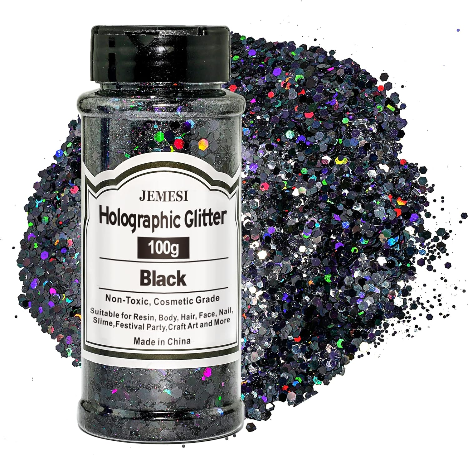 JEMESI Holographic Chunky Glitter, Black 100 G Chunky Sequins Glitter, Craft Glitter for Resin, Face, Nail, Body, Crafts, Slime Festival Party Art, Glitter Powder for Nails Glitter