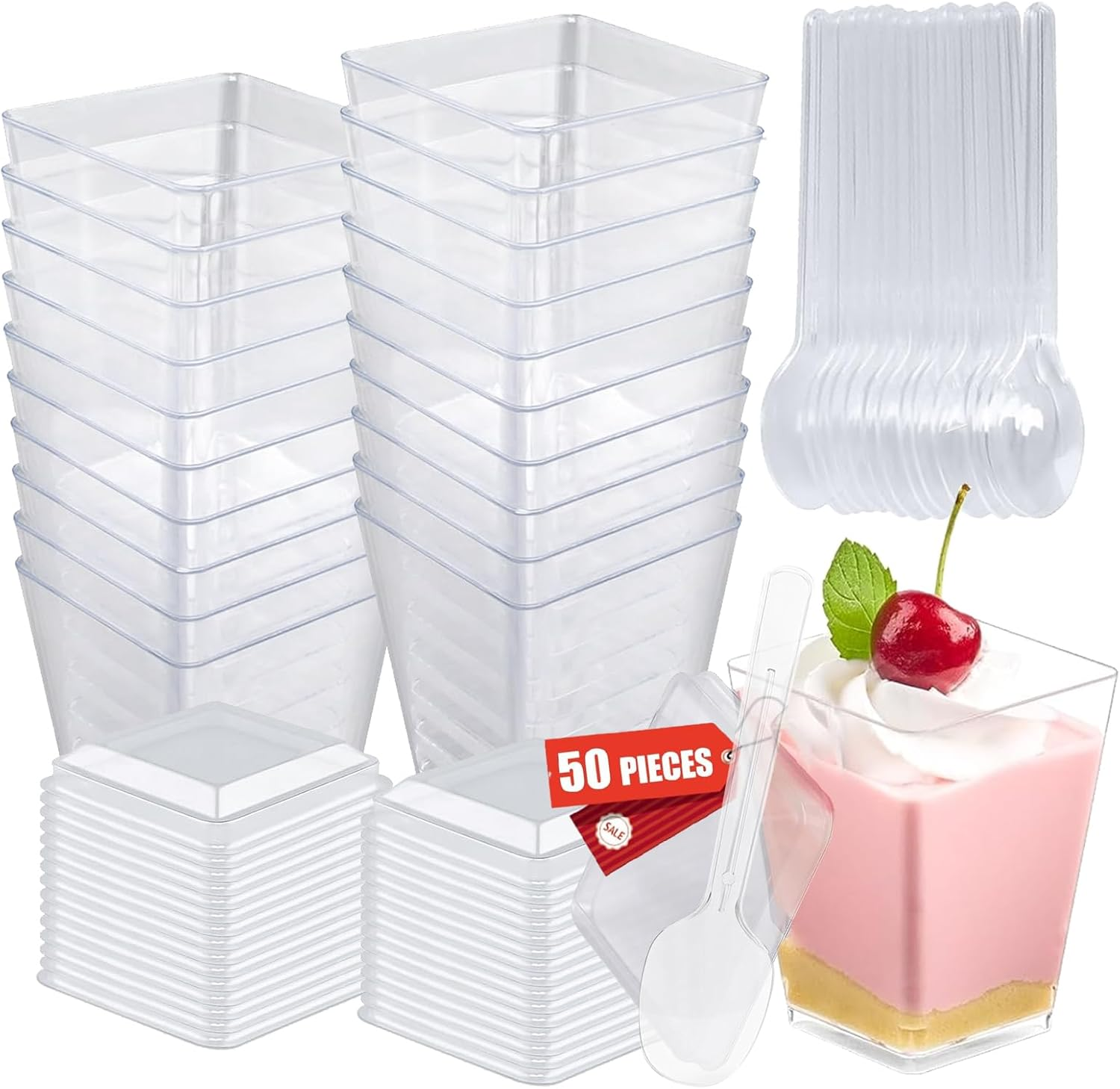 50 Pcs Dessert Cups, 150Ml/5Oz Mini Clear Plastic Cups with Lids & Spoons, Small Reusable Dessert Cups, Washable Clear Dessert Cups for Mousse, Pudding, Ice Cream, Desserts, Drinks, Etc. (Square)