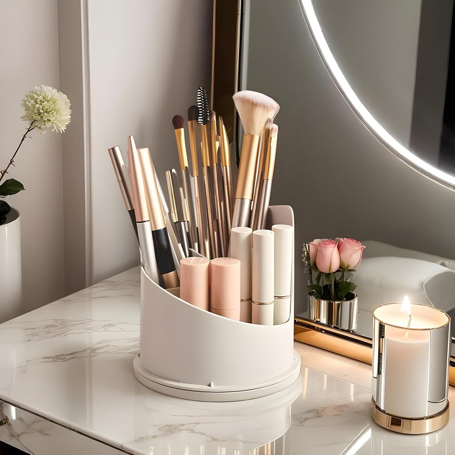 Enclosed Toothbrush Holder | Bathroom Organizer for Dressing Table - 360 Rotating Dustproof Makeup Brush Holder with Sliding Lid for Bathroom image number 5