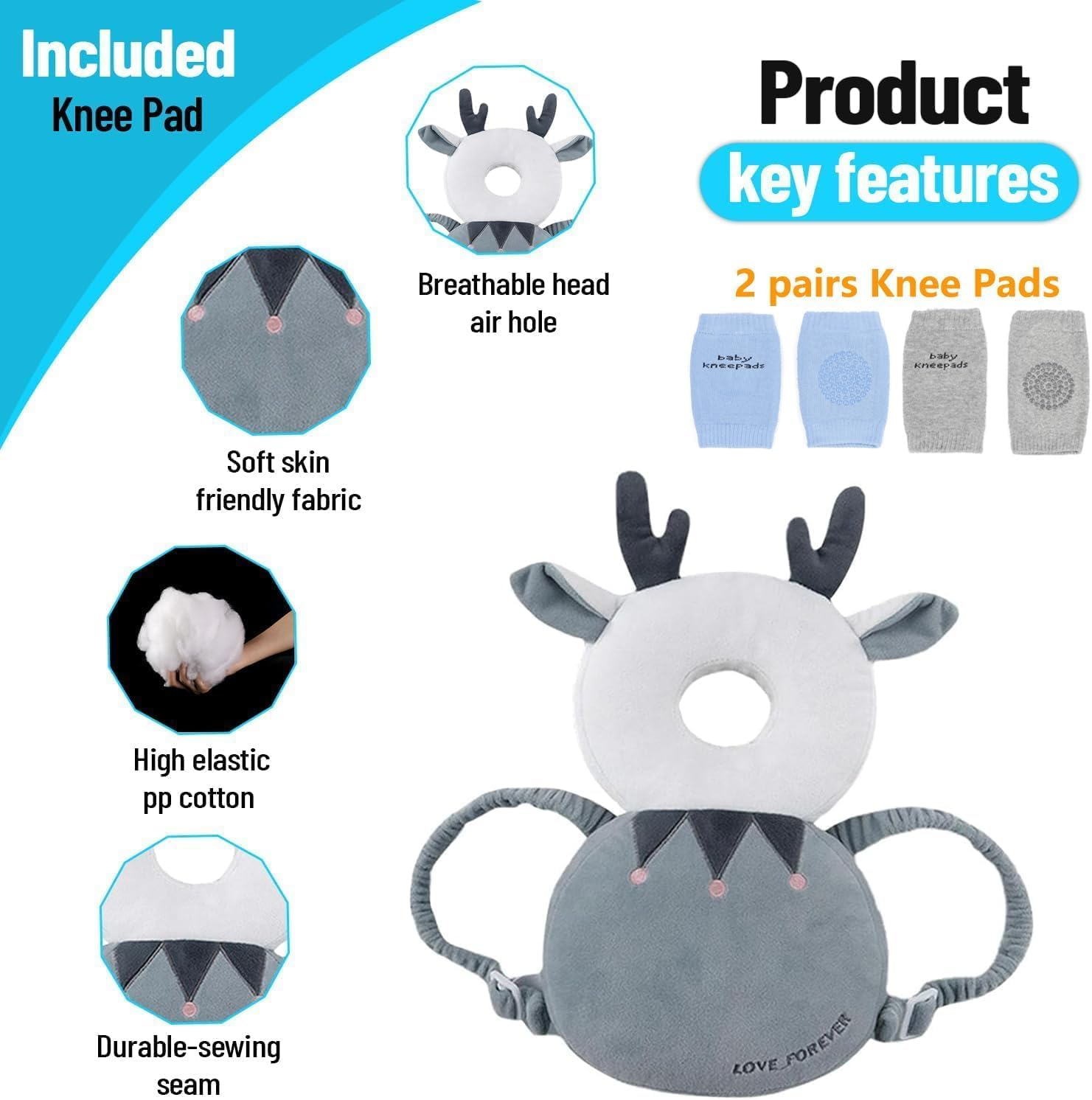Adjustable Baby Head Protector with Safety Cushion &ndash; Soft Head Protection Backpack with 2 Pairs of Knee Pads for Crawling and Walking Infants and Toddlers (Mesh Deer, Blue) image number 6