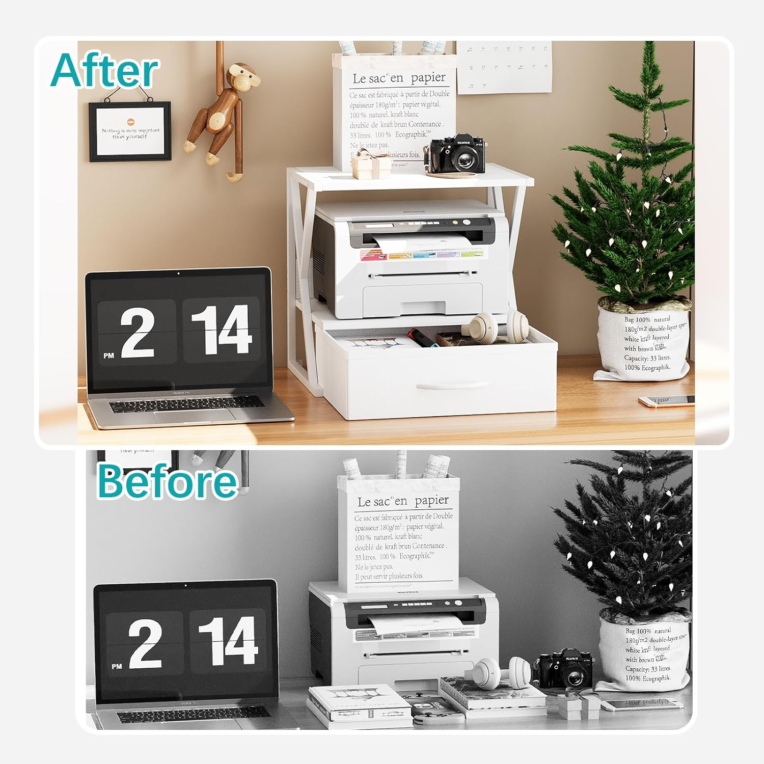 Aboxoo Printer Stand for Desk with Storage Drawer, 2 Tier Desktop or under Desk Shelf, Multi-Purpose Desk Organizer for Home Office, Fit Fax Machine/3D Printer/Scanner, White image number 1