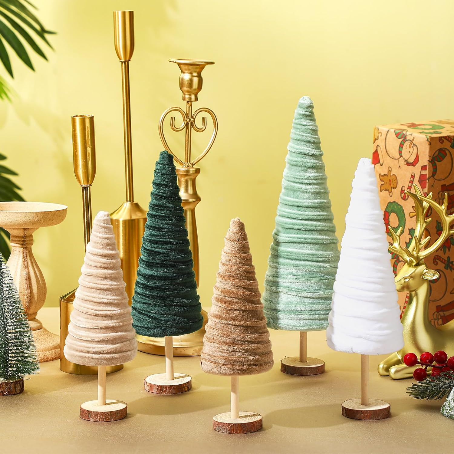 Kigley 5 Pcs Christmas Velvet Trees Set Neutral Christmas Decoration Boho Christmas Cone Trees Flocked Tabletop Centerpieces Farmhouse Home Decorations for Kitchen Xmas Party Mantel Tiered Tray Gift image number 6