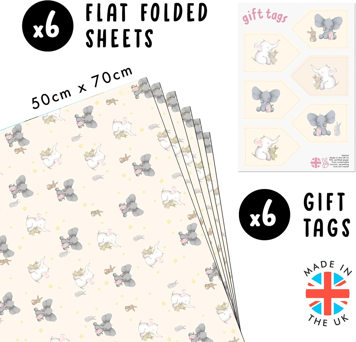 CENTRAL 23 - Elephants and Bunnies Wrapping Paper - 6 Sheet for Gift Wrap for Babies - Baby Shower - Christening - Baptism - Stars - Rabbit - Bunny - Made in the UK