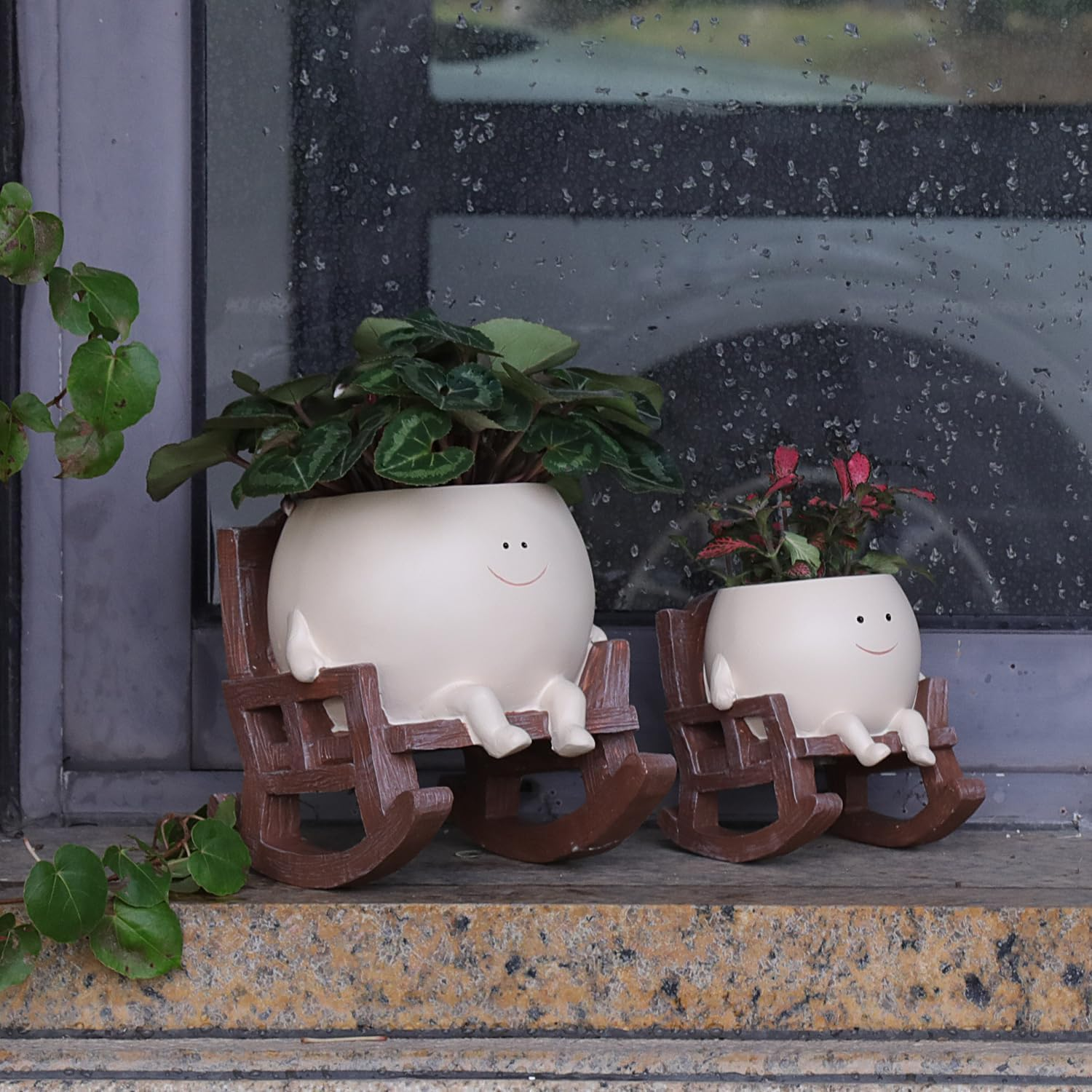 Smily Face Planter Pot Cute Resin Flower Head Planters for Indoor Outdoor Plants Unique Sitting Rocking Chairs Succulent Pots for String of Pearls Plant Live Gift Ideals with Drainage Hole image number 1