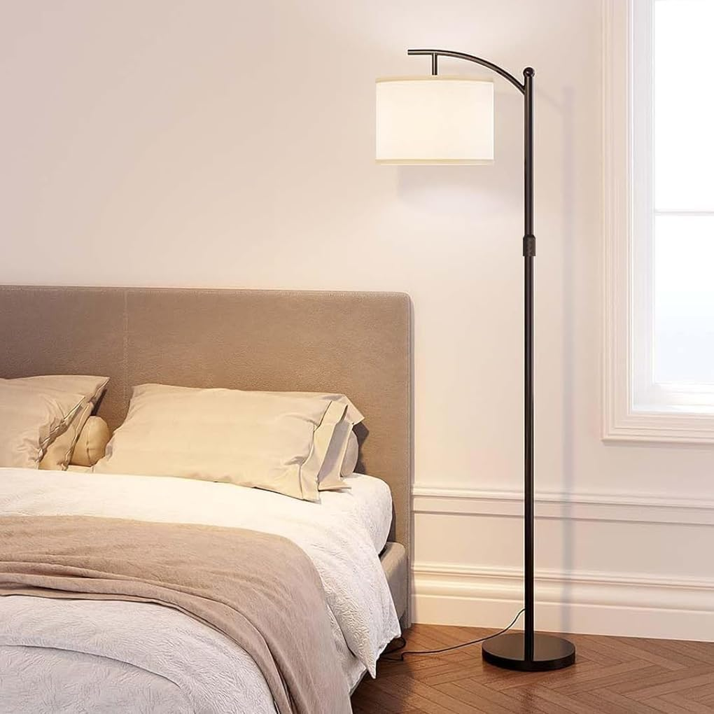 Clora Modern Arc Floor Lamp Standing Lamp with 3 Color Temperatures, 160-175Cm Adjustable Height Corner Tall Lamp with Linen Shade & 12W LED Bulb Included for Living Room Bedroom Office Dorm Reading