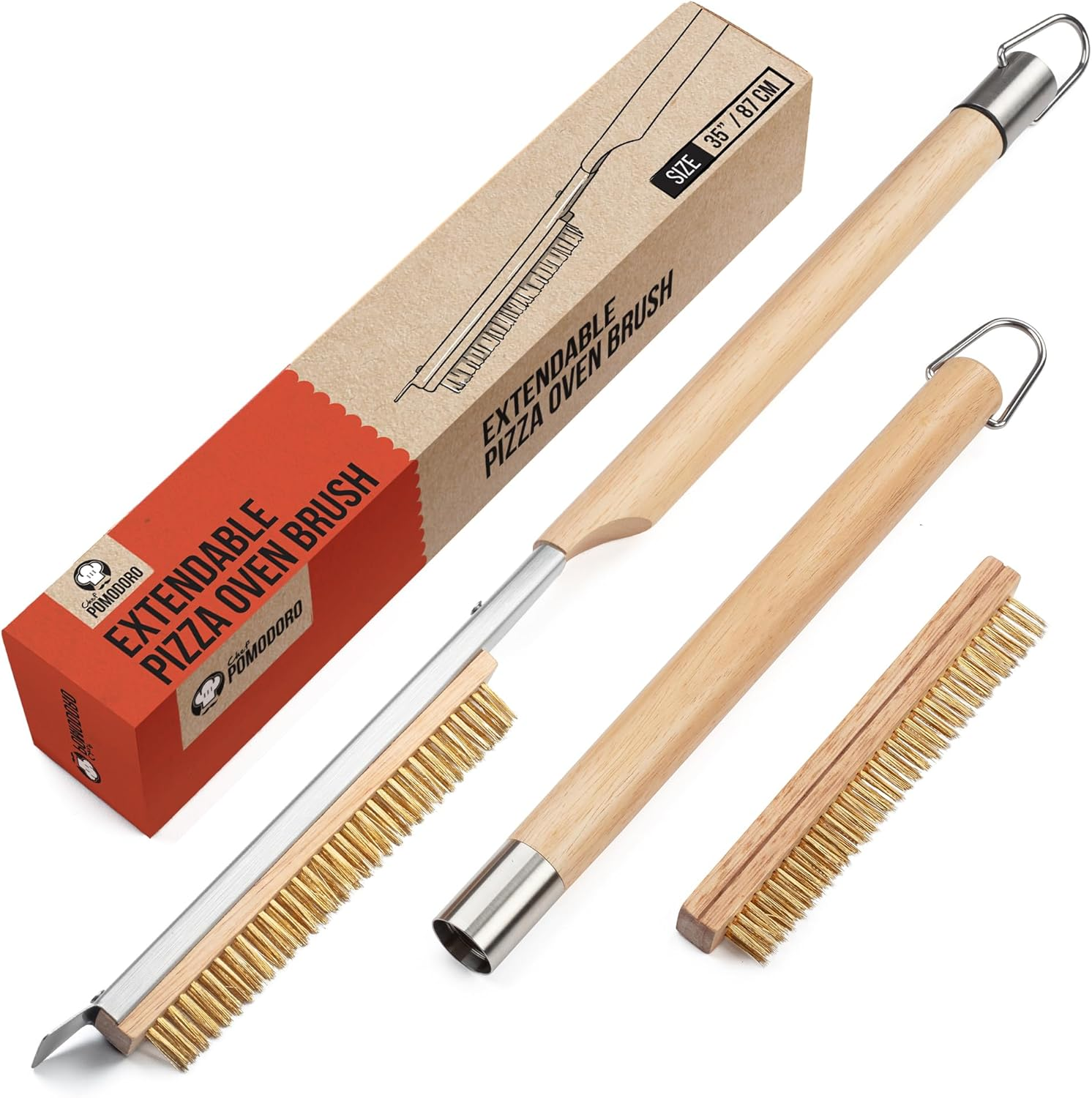 Chef Pomodoro Pizza Oven Brush with Scraper - Adjustable Handle (55Cm to 87.7Cm), Pizza Stone Brush, Pizza Oven Cleaning Brush, Outdoor Pizza Oven Accessories for Pizza Stones, BBQ Grill, and Ovens image number 5