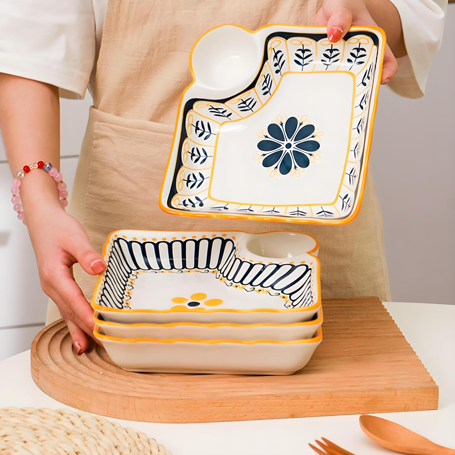 Noamus 4 Pack Dumpling Plate with Dipping Saucer, 7.5" Ceramic Japanese Sushi Platter, Colorful Square Serving Plate with Dish for Home Kitchen, Snack Dessert Salad Fries Fruit Gyoza image number 1