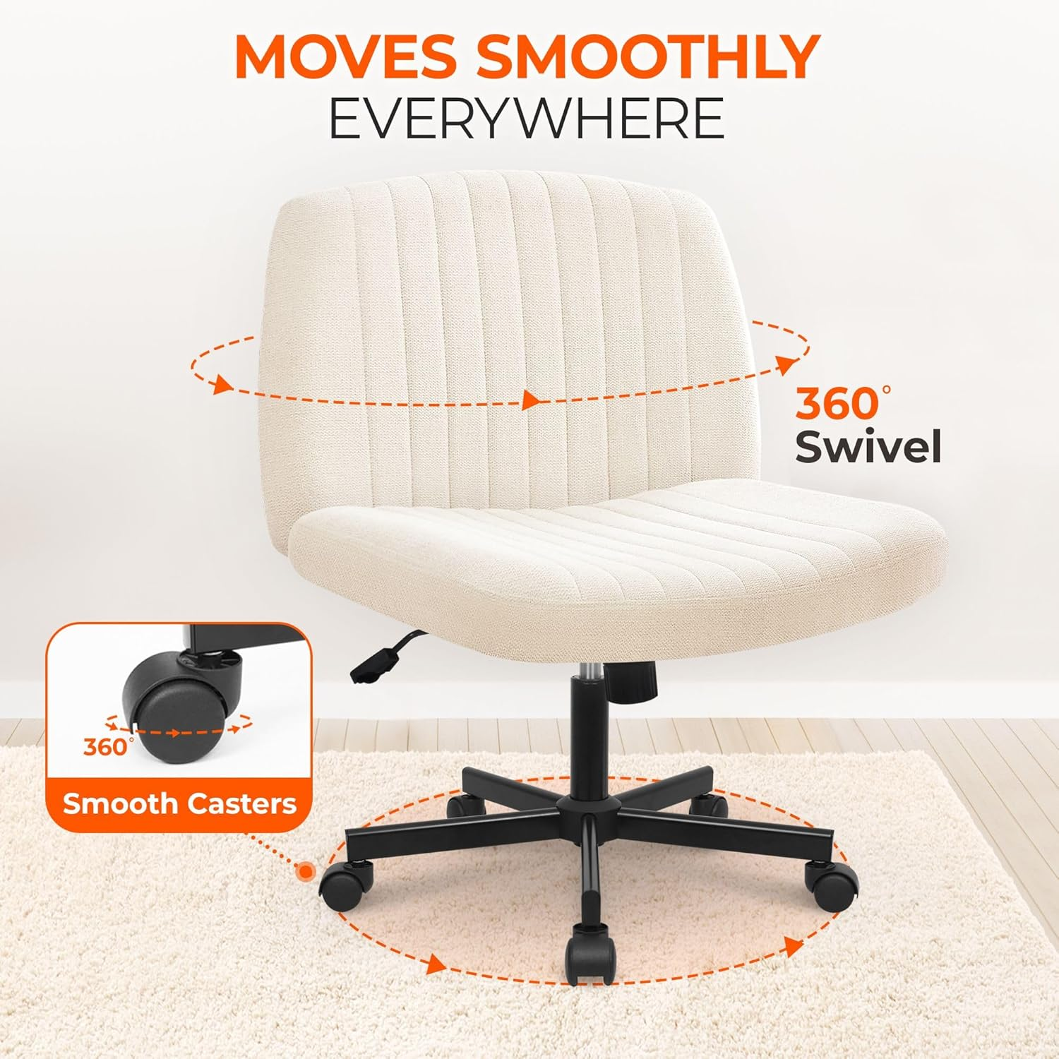 Orange Factory Criss Cross Legged Armless Desk Reading Chair with Wheels Swivel Modern Ergonomic Vanity Bedroom Adjustable Wide Comfy Computer Gaming Chairs for Home Office (Beige) image number 6