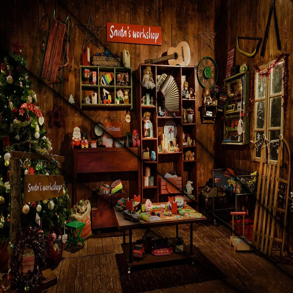 Christmas Santa'S Workshop Photography Backdrop Vintage Rustic Wood House Cottage Gift Xmas Tree Decoration Background Kids Indoor Portrait Photo Studio Photobooth Props 7X5FT CEM251B image number 1