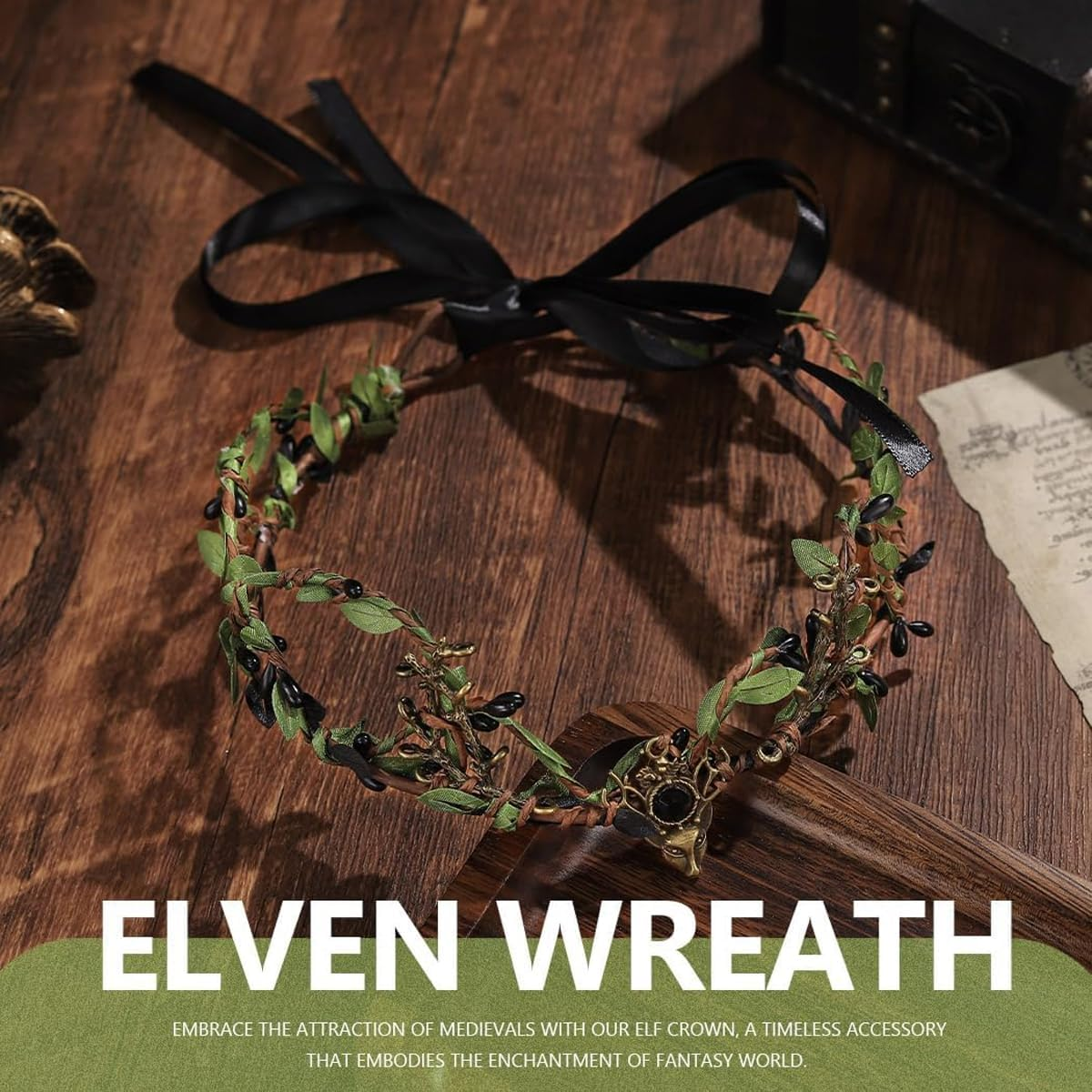 AIMALL Green Leaf Wreath Crown Hair Band with Adjustable Ribbon - Elven Fairy Bride Bridesmaid Headwear for Wedding, Photo Props, and Fantasy-Themed Events