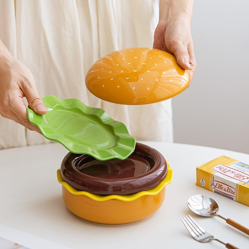 ROROUP Ceramic Hamburger Plates and Bowls Sets, 5-Piece Burger Shape Bowl and Plate, Novelty Stackable Burger Dinnerware Set for Afternoon Tea, Desserts, Biscuits, Steaks, Fun and Cute image number 2