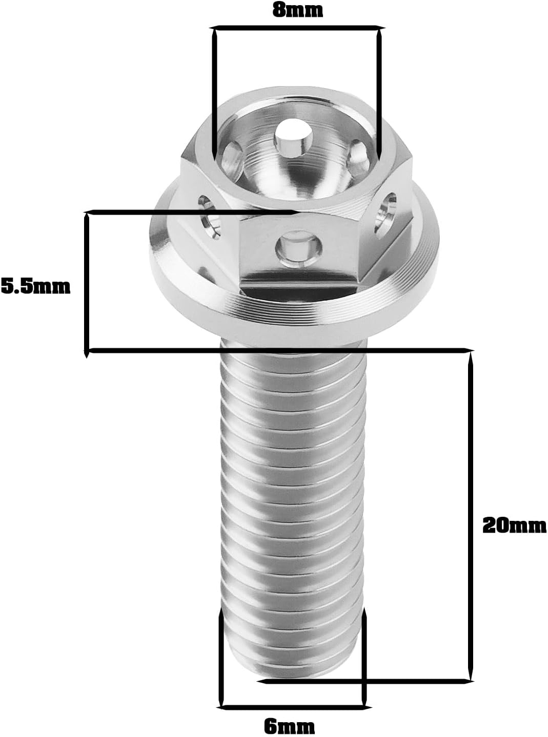 Ecsing 2Pcs M6X20Mm Flanged Hexagon Head Bolts Titanium Hex Fully Threaded Bolt Drilled Bolts for Sports Bikes and Karts Lock Wire Silver image number 5