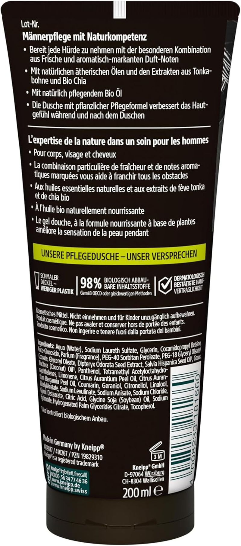 Kneipp MEN 3-In-1 Dynamic Shower Gel Multipack with Extracts of Tonka Bean and Organic Chia Shower Gel for Skin, Hair and Face 6 X 200 Ml image number 1