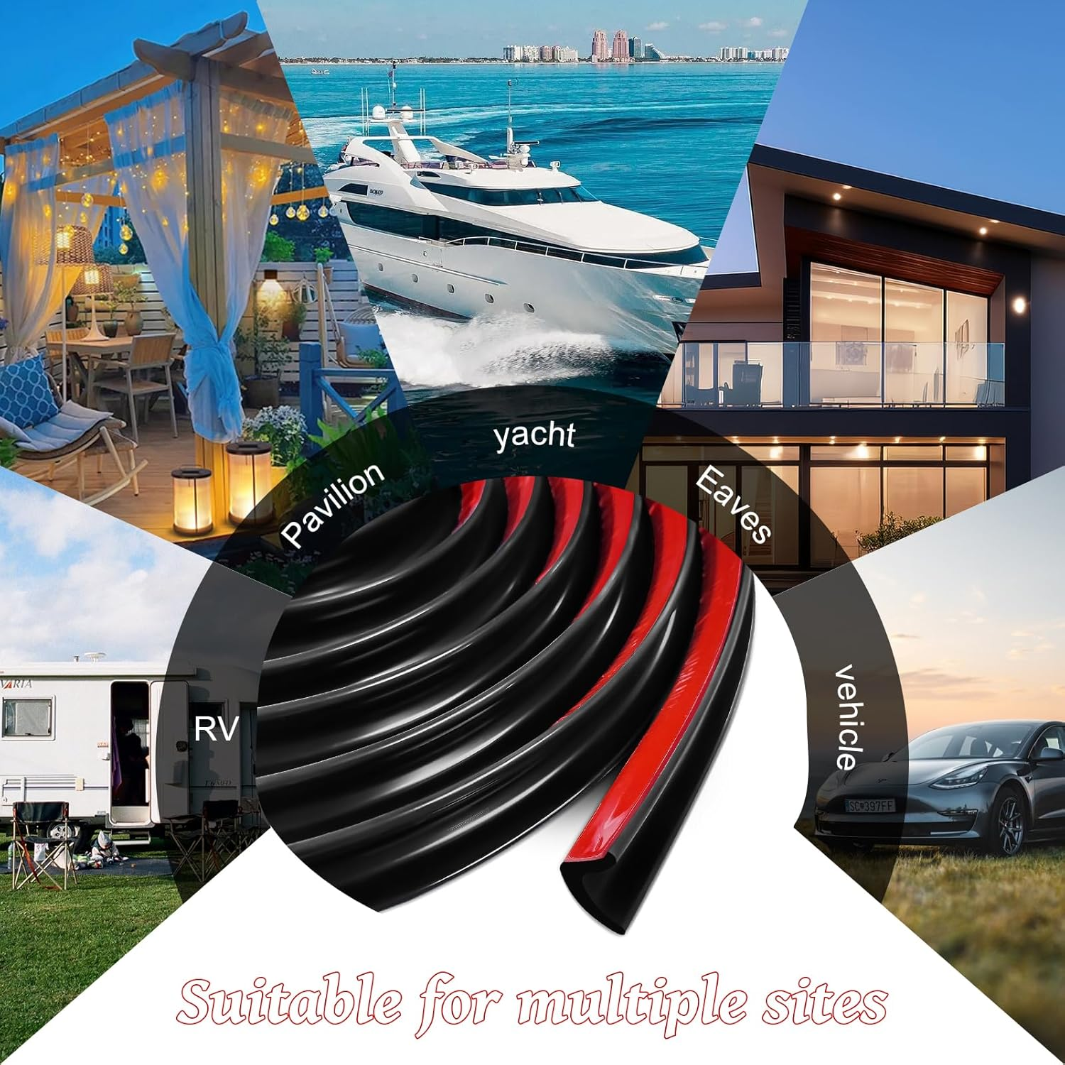 J Shape RV Rain Gutter, 2.5 M Self-Adhesive Backing, PVC Drip Guides, Roof Rain Diversion Strips for Vehicle, Truck, RV, Boat, Car, Van, Door, RV (Black, 2.5M) image number 3