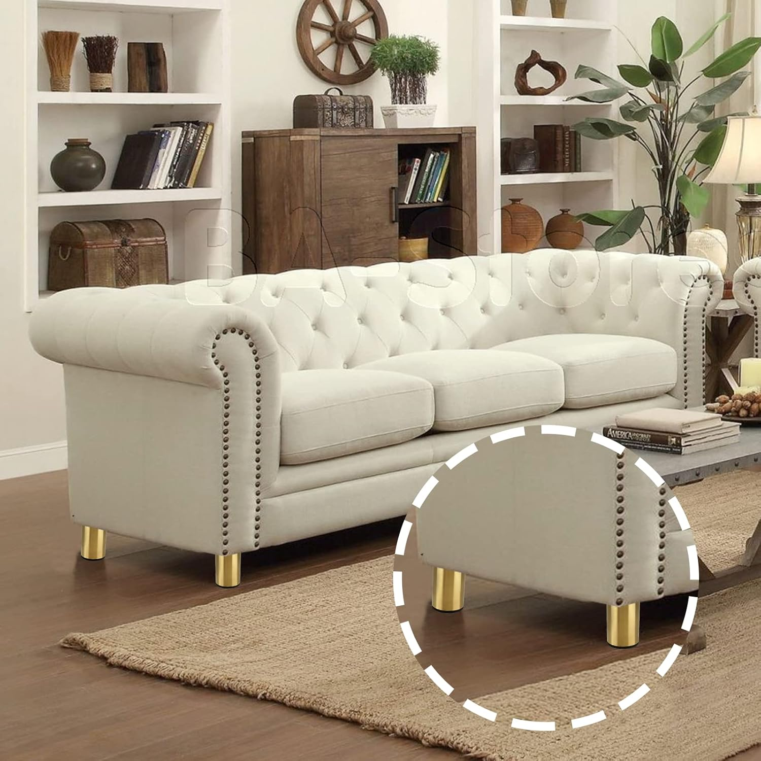 Kyuionty Set of 4 Stainless Steel Furniture Legs 3 Inch / 80 Mm, Gold Cabinet Legs round Kitchen Feet, Metal Replacement Legs for Cabinet Sofa Couch Shelves Table