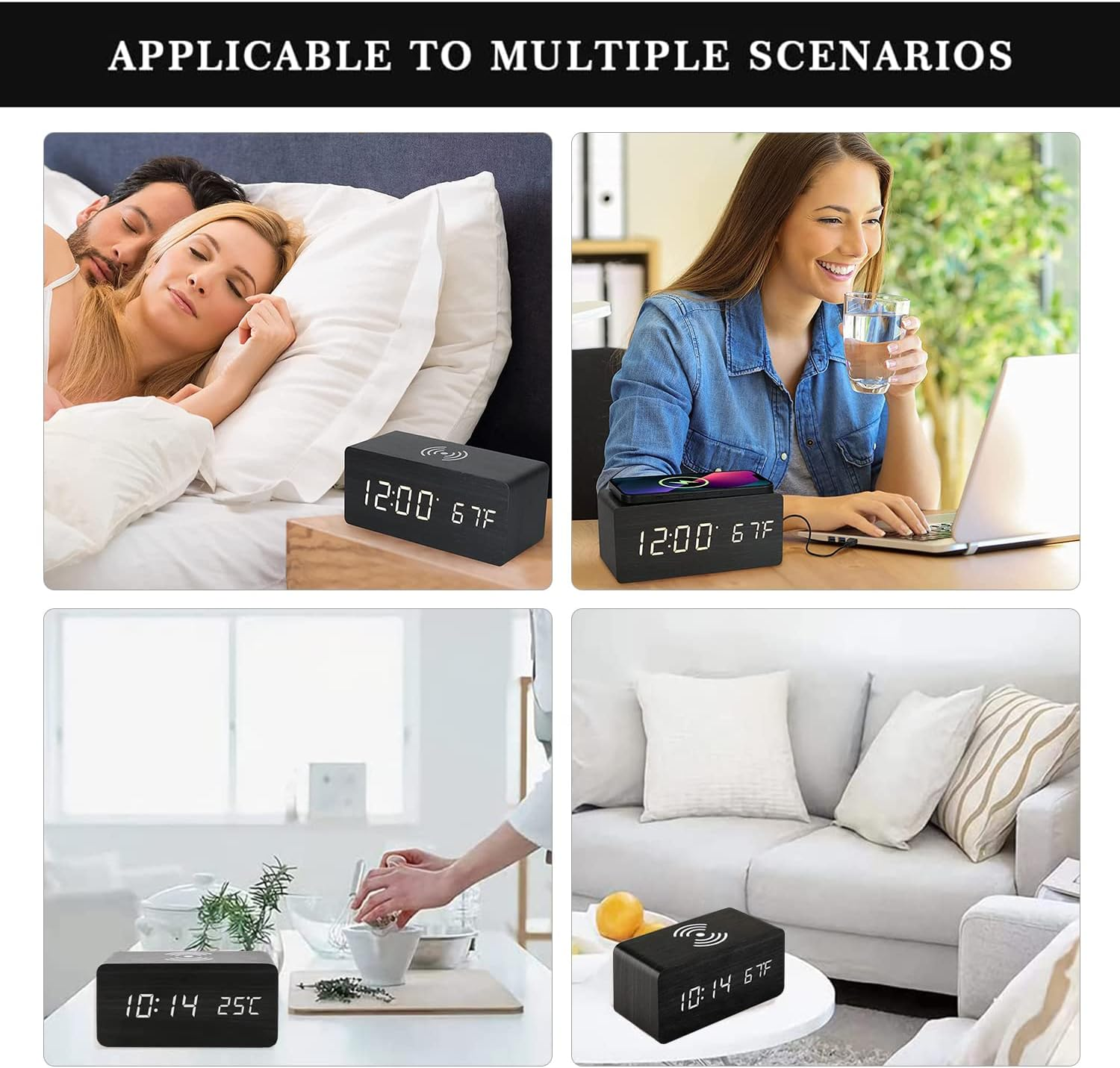 Wooden Digital Alarm Clock with Wireless Charging, 3 Alarms LED Display, Sound Control and Snooze Dual，Adjustable Brightness, Time Temperature (Black) image number 3