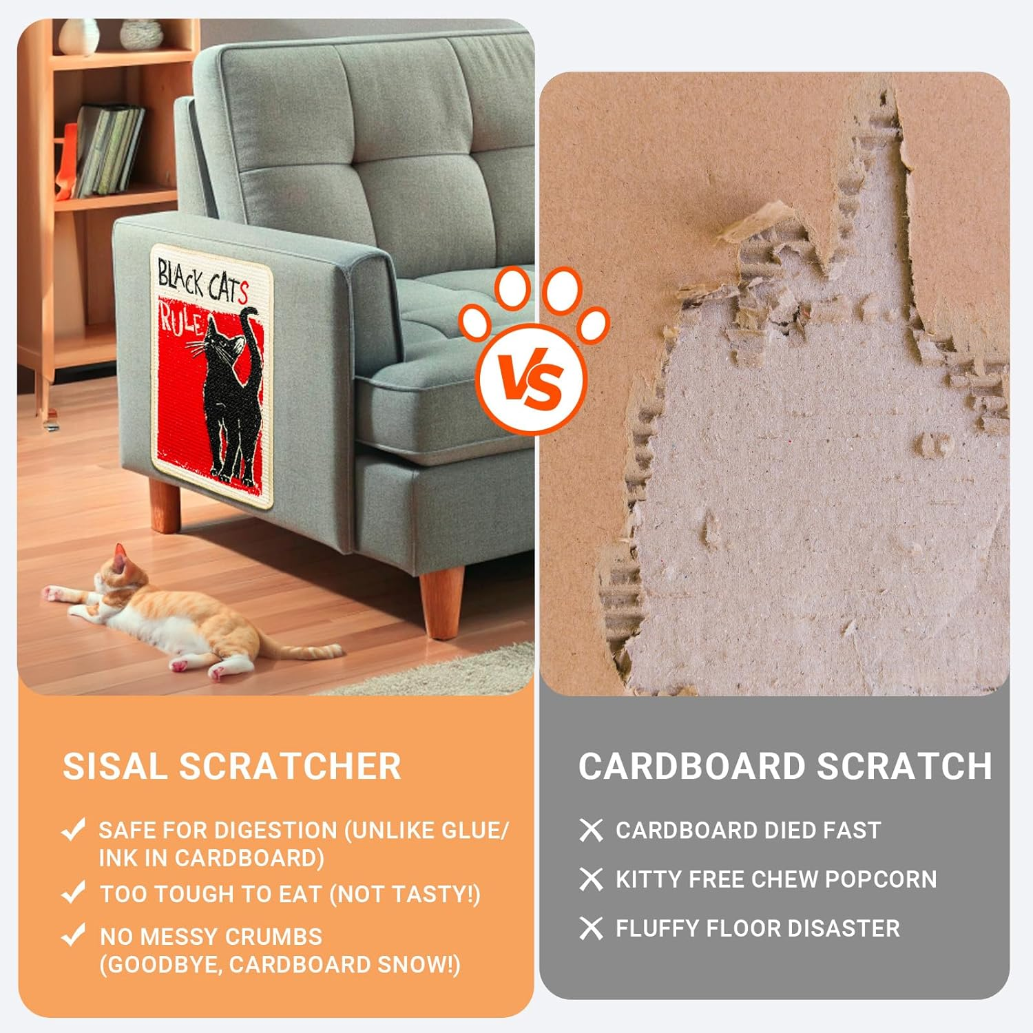 SOLDAY Sisal Cat Scratcher Mat for Floor Wall Carpet Couch Furniture, 22X13 Inch anti Scratch Furniture Protector, Cat Scratching Posts Board with Velcro Tape(Black Cat Rules) - Cow Cat image number 6