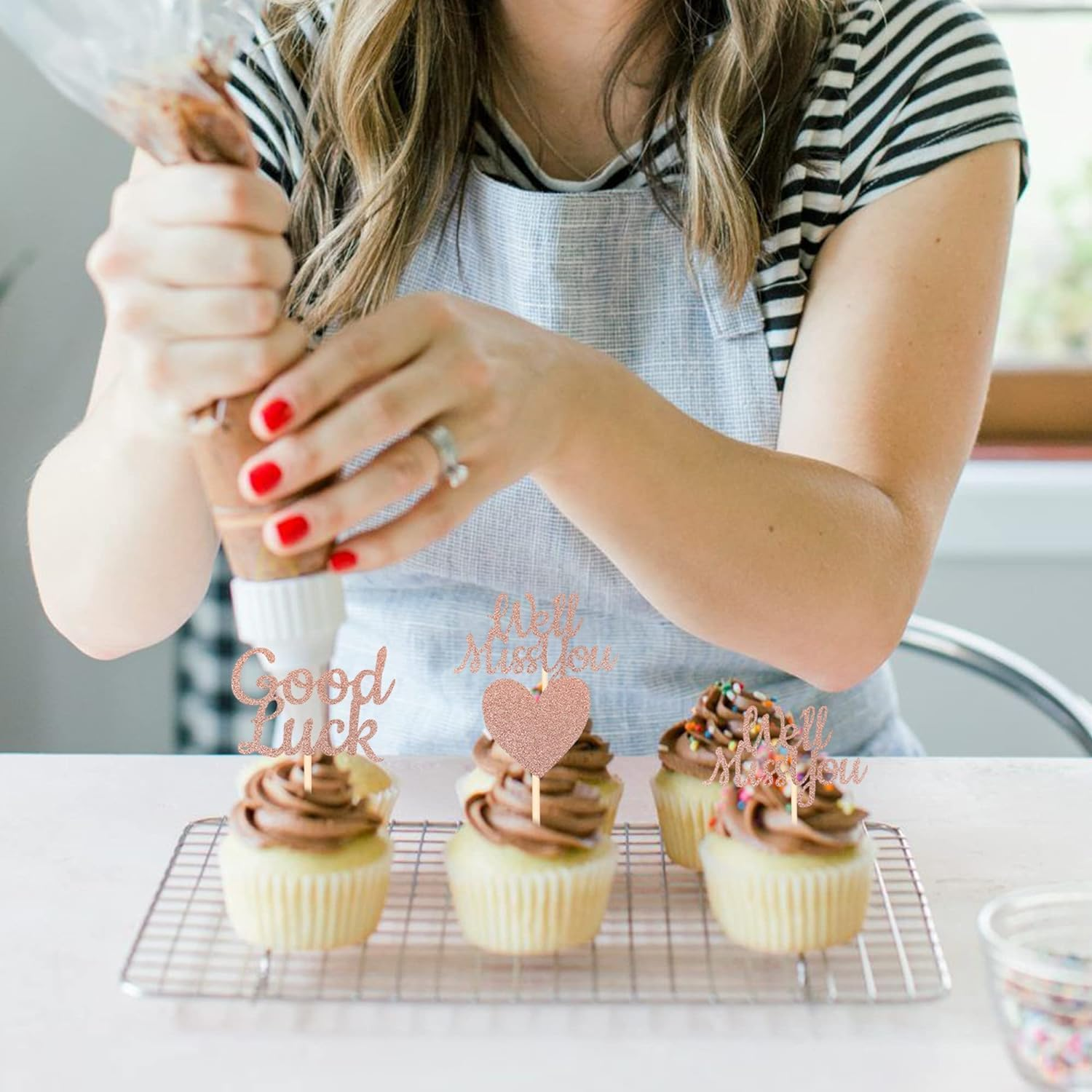 24 Pack We Will Miss You Cupcake Toppers Glitter Red Love Heart Good Luck Cupcake Picks Retirement Theme Going Away Party Cake Decorations (Rose Gold) image number 6