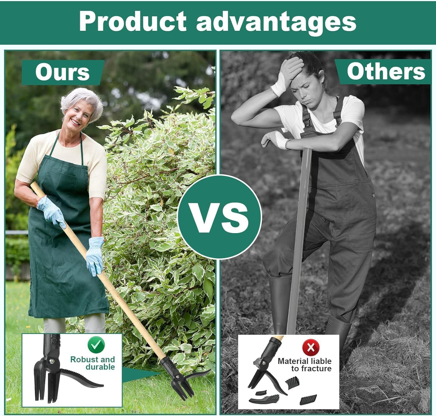 Weed Puller Tool Stand up Heavy Duty Weeding Tool with Long Wooden Handle and 4-Claw Steel Head, Easily Remove Weeds without Bending, Pulling, or Kneeling Garden image number 6