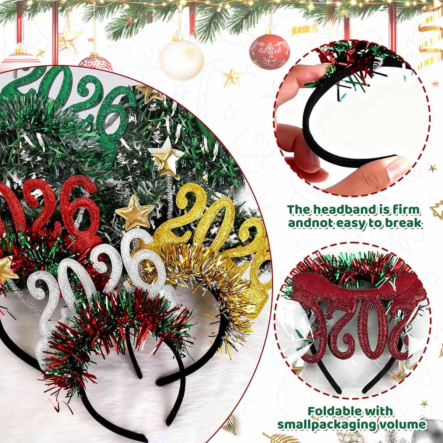 Brateuanoii Pack of 4 2026 Glitter Numbers Headbands, Happy New Year Headband, Headpiece with Glittering Numbers and Garlands, Happy New Year Headband, Christmas Headbands for Women image number 1