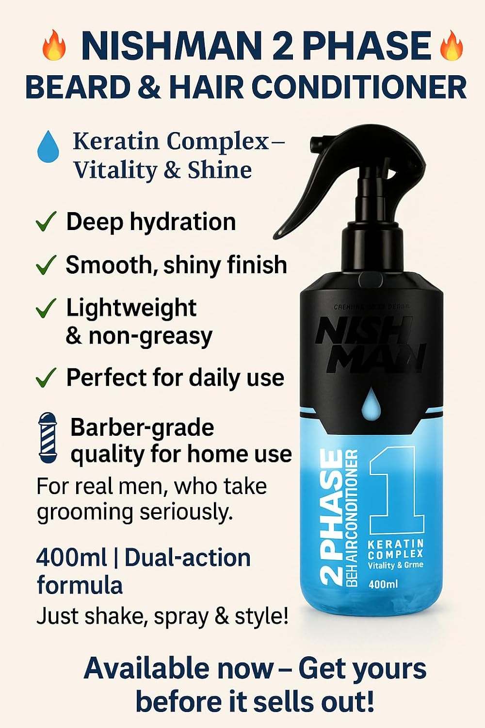 Nishman: 2 Phase Hair & Beard Conditioner - Keratin Complex (400Ml) image number 1