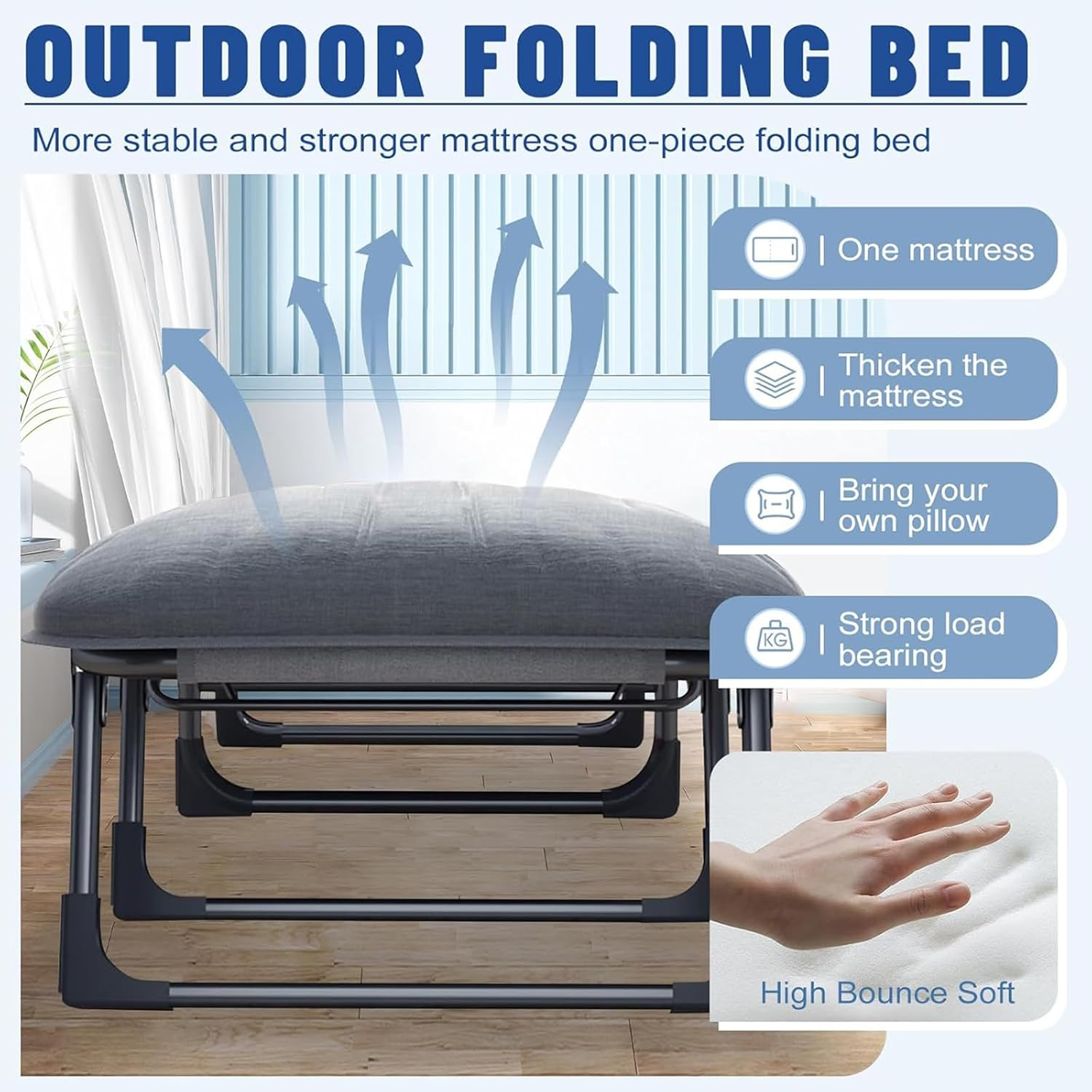 Camping Cot with Mattress for Adults, Adjustable 6-Position Folding Cot with Cushion and Pillow, Heavy Duty Outdoor Bed for Camp, Travel, Beach, Patio, Office, Home Naps, Supports 200Kg,190Cm-66Cm image number 1