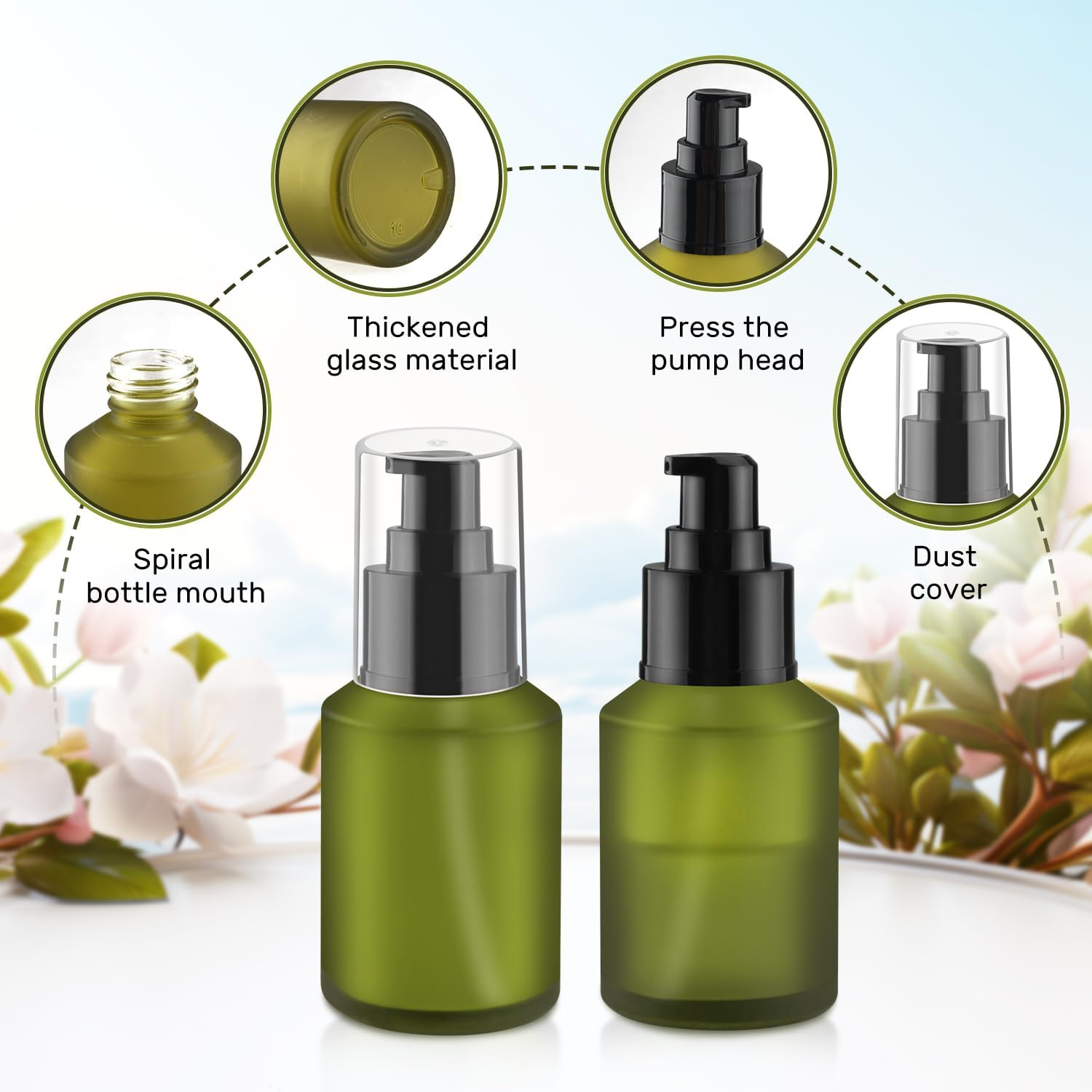 BOSMIOW 5 Pieces 60Ml/2Oz Empty Green Glass Lotion Pump Bottles,Refillable Essential Oil Jars with 1 Funnel and 1 Pipette,Cosmetic Sample Containers for Foundation,Cream,Gel,Shampoo image number 5