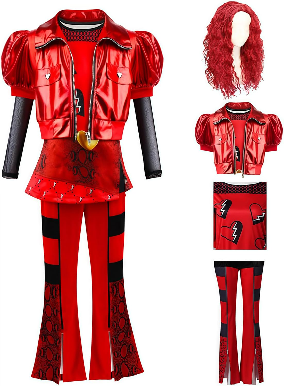 Red Costume for Girls - Rise Red Costume Includes Short Sleeves Jacket Top Flared Pants Wig 4Pcs Halloween Princess Dress up 6-15Y image number 4