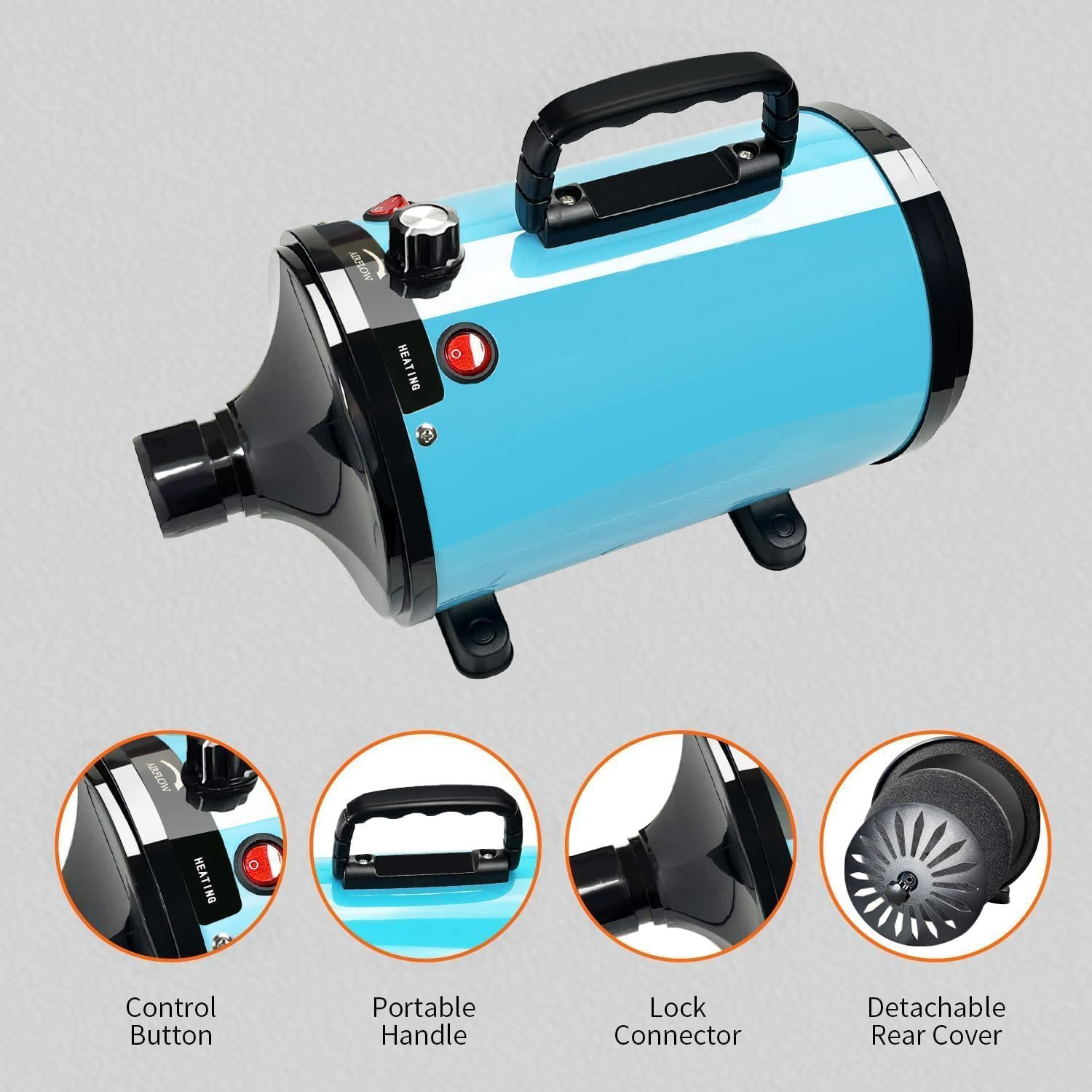 Dog Hair Dryer,5.2Hp/ 3800W High Velocity Blow Dryer for Dogs Pet Grooming,Low Noise Speed Temperature Adjustable Pet Grooming Dryer with 4 Nozzles, Blue image number 2