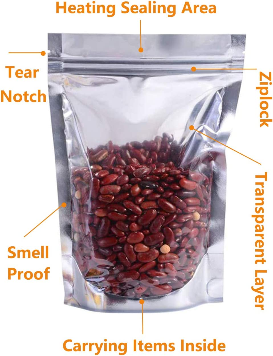 100PCS Candy Bags with Clear Window, 18X26Cm Stand up Aluminum Foil Bags, Smell Proof Bags,Reclosable Reusable Food Pouches Bags with Zip Lock,Sealable Treat Bags for Snacks Beans Coffee image number 5