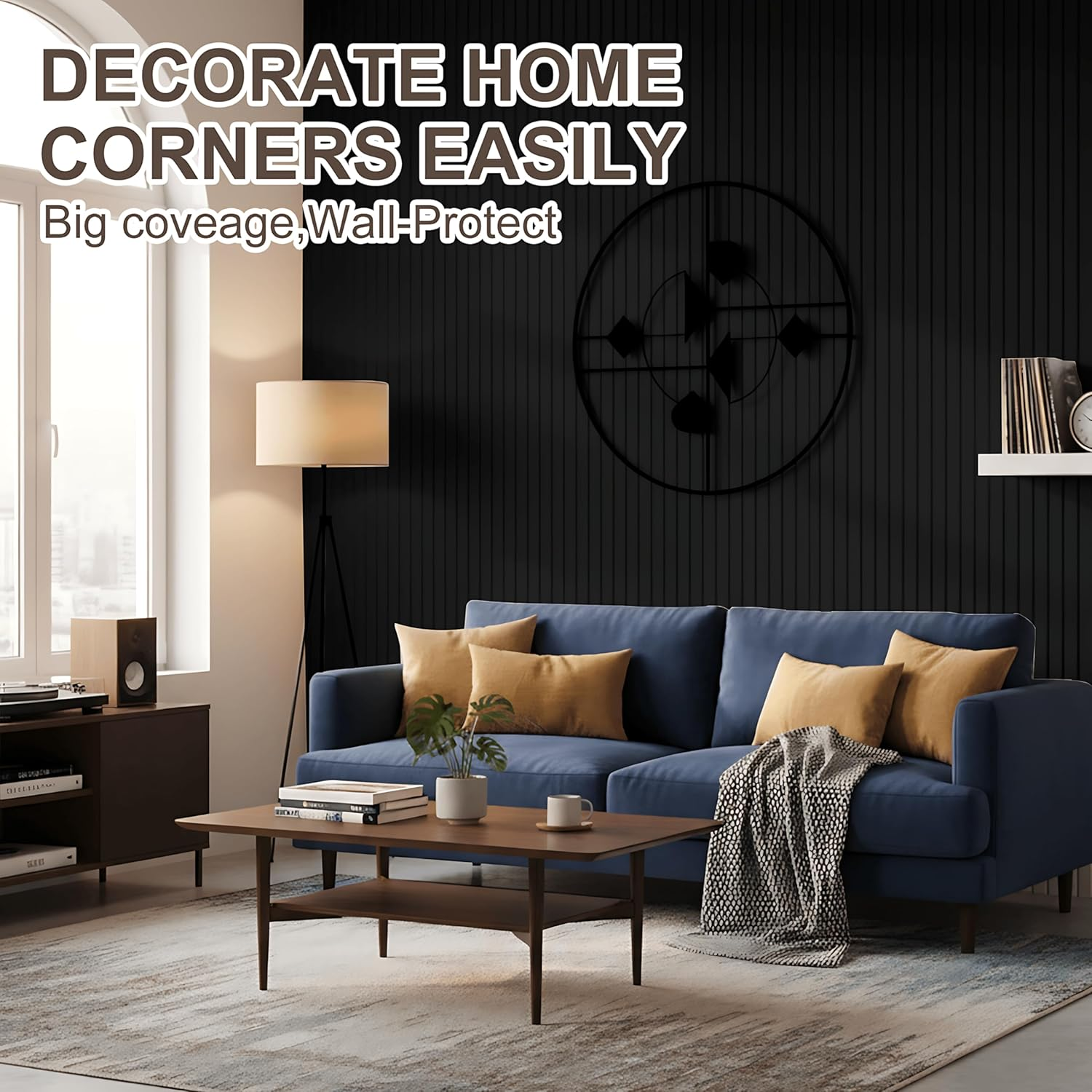 Large Cork Boards for Walls Alternative, 12 Pack with 60 Safe Removable Adhesive Tabs, 35 Pushpins, 120X90Cm Slat Wall Paneling for Walls Cork Board, Room Decor Home Office Classroom Pin Board (Black) - Black image number 5