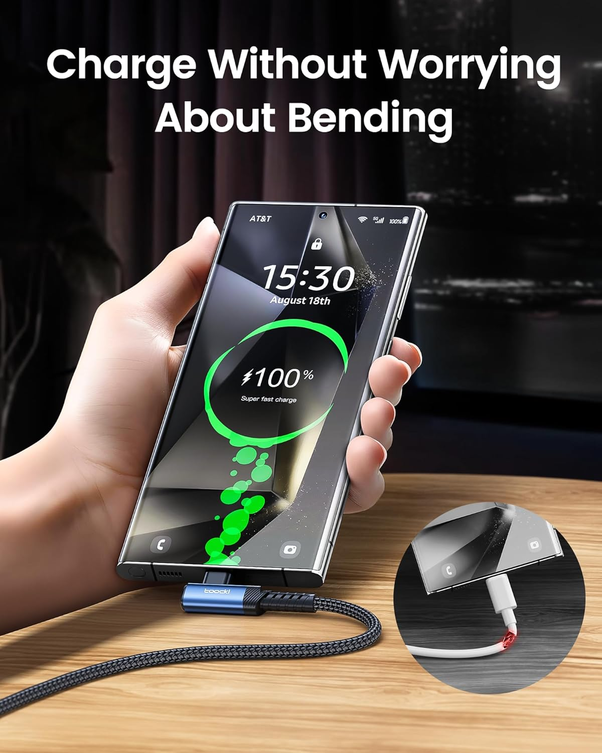 Toocki 2M USB C Cable, 2 Pack USB a to USB C High Speed Charging Cords, 90 Degree Angled and Braided for Durability, Compatible with Samsung Galaxy S23, S22+, S21+, Note 10, LG V30, Switch image number 6