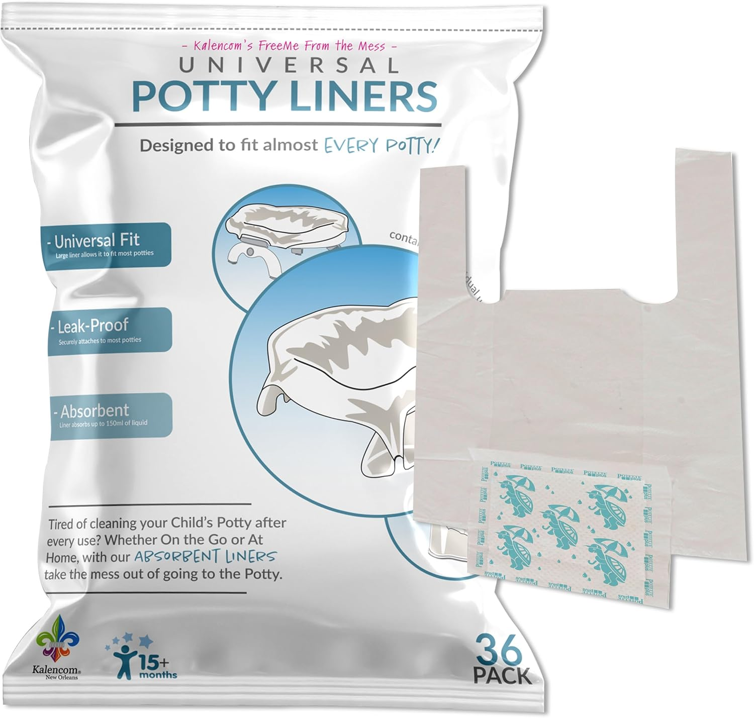 Kalencom Universal Potty Liners - Disposable Potty Liners for Toddlers - Absorbent and Leakproof - Compatible with Potette Travel Potty and Most Standard Toddler Potties - 36 Count image number 1