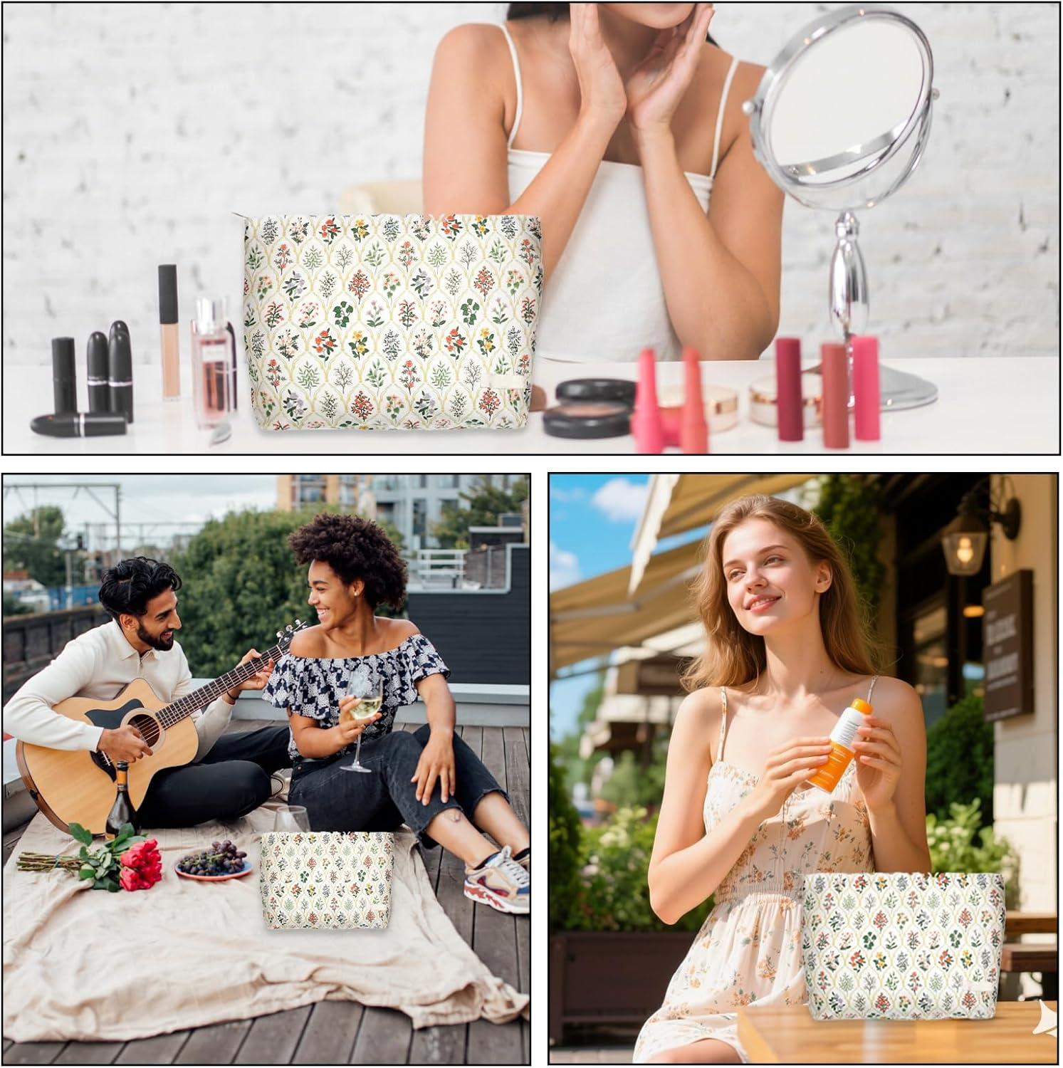 Cute Cosmetic Bag Large Capacity Travel Cosmetic Bag Fun Zipper Bag Portable Plant Flower Toiletry Bag Travel Accessories for Storage and Organizing Suitable for Girls and Women Gifts