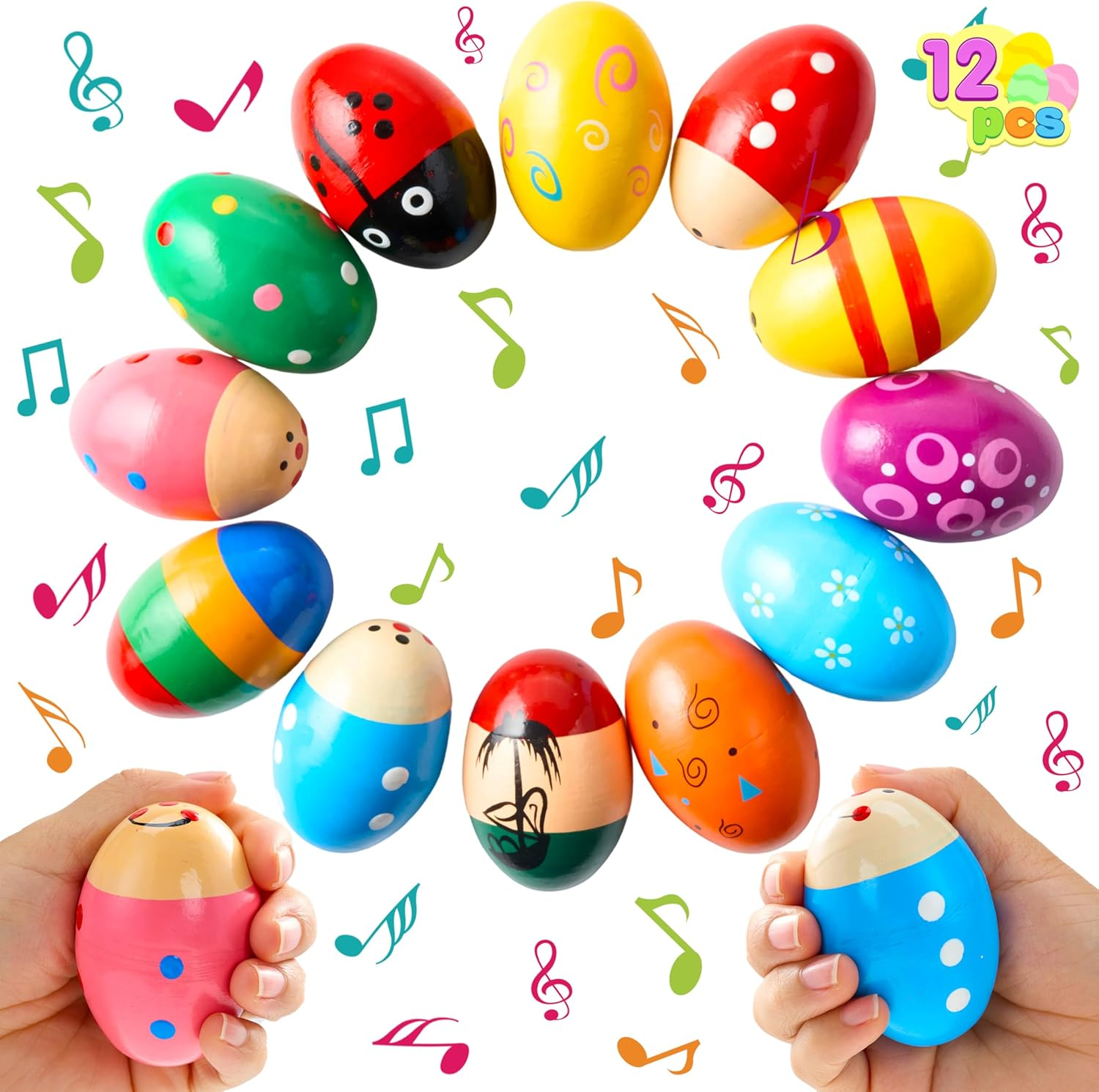 JOYIN 12 Pieces 3" Wooden Egg Shakers Maracas Percussion Musical for Party Favors, Classroom Prize Supplies, Musical Instrument, Basket Stuffers Fillers, Easter Hunt image number 3