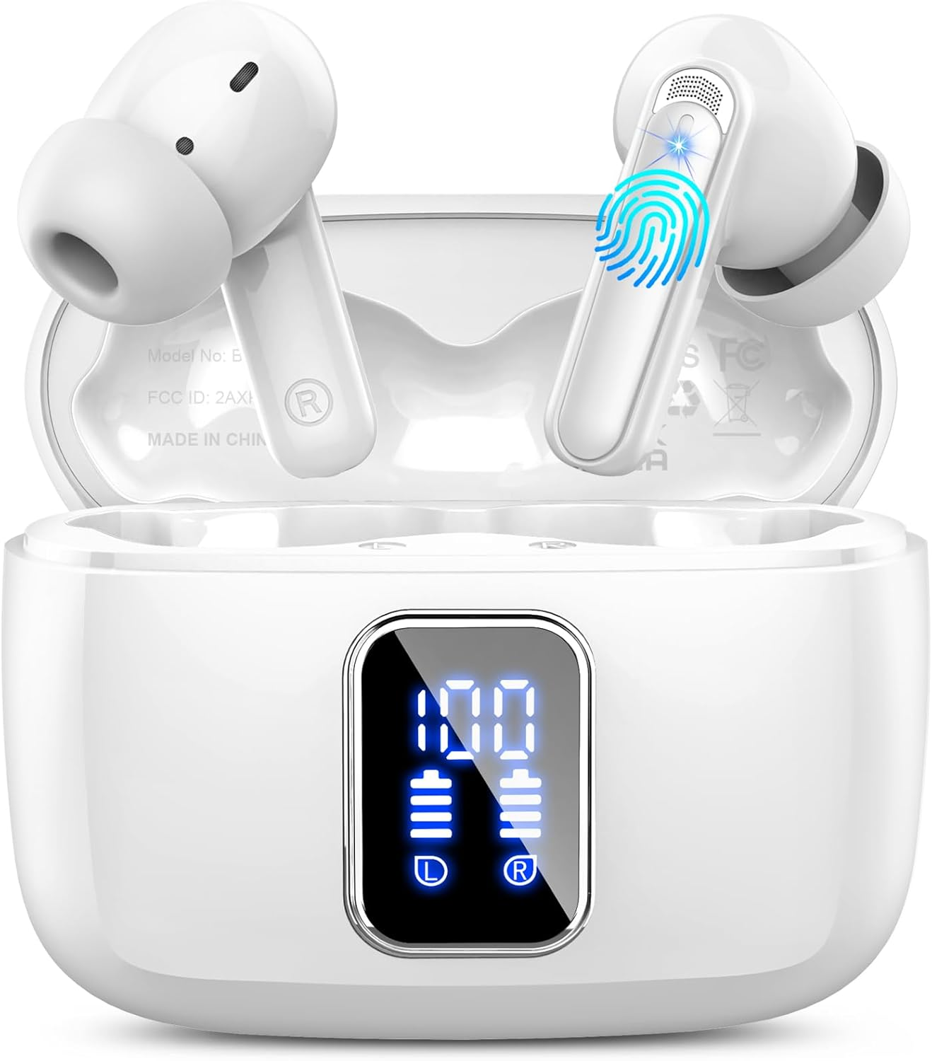 Wireless Earbuds Bluetooth 5.3, 4 ENC Noise Cancelling in Ear Headphones with 48H Playtime, IPX7 Waterproof, LED Display, Comfort Fit for Sports, Moon White