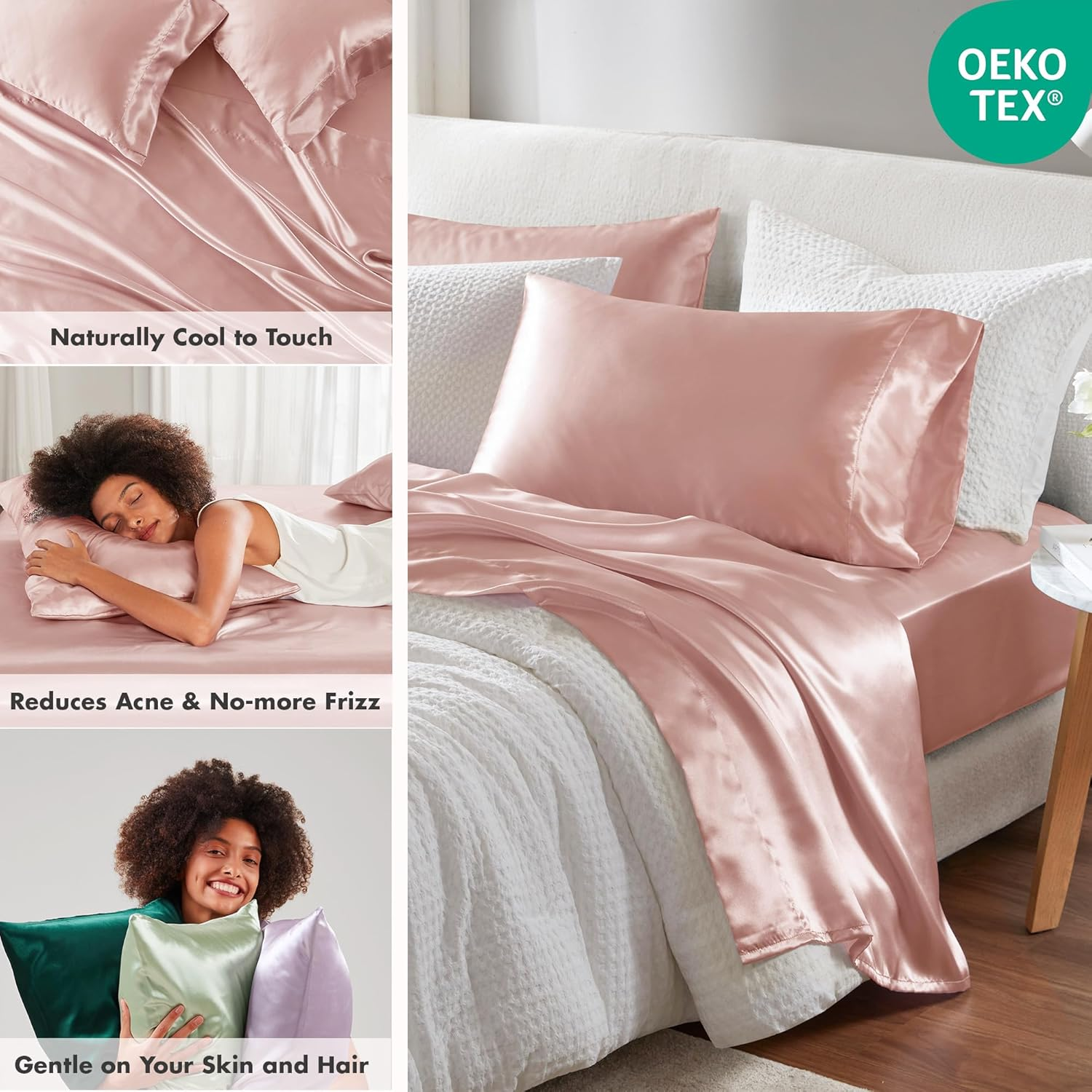 Madison Park Essentials Satin Sheet Set Wrinle-Free Luxurious and Silky with Natural Sheen, Premium 16" Deep Pocket, All around Elastic - Year-Round Bedding, Queen, Blush, 6 Piece image number 4