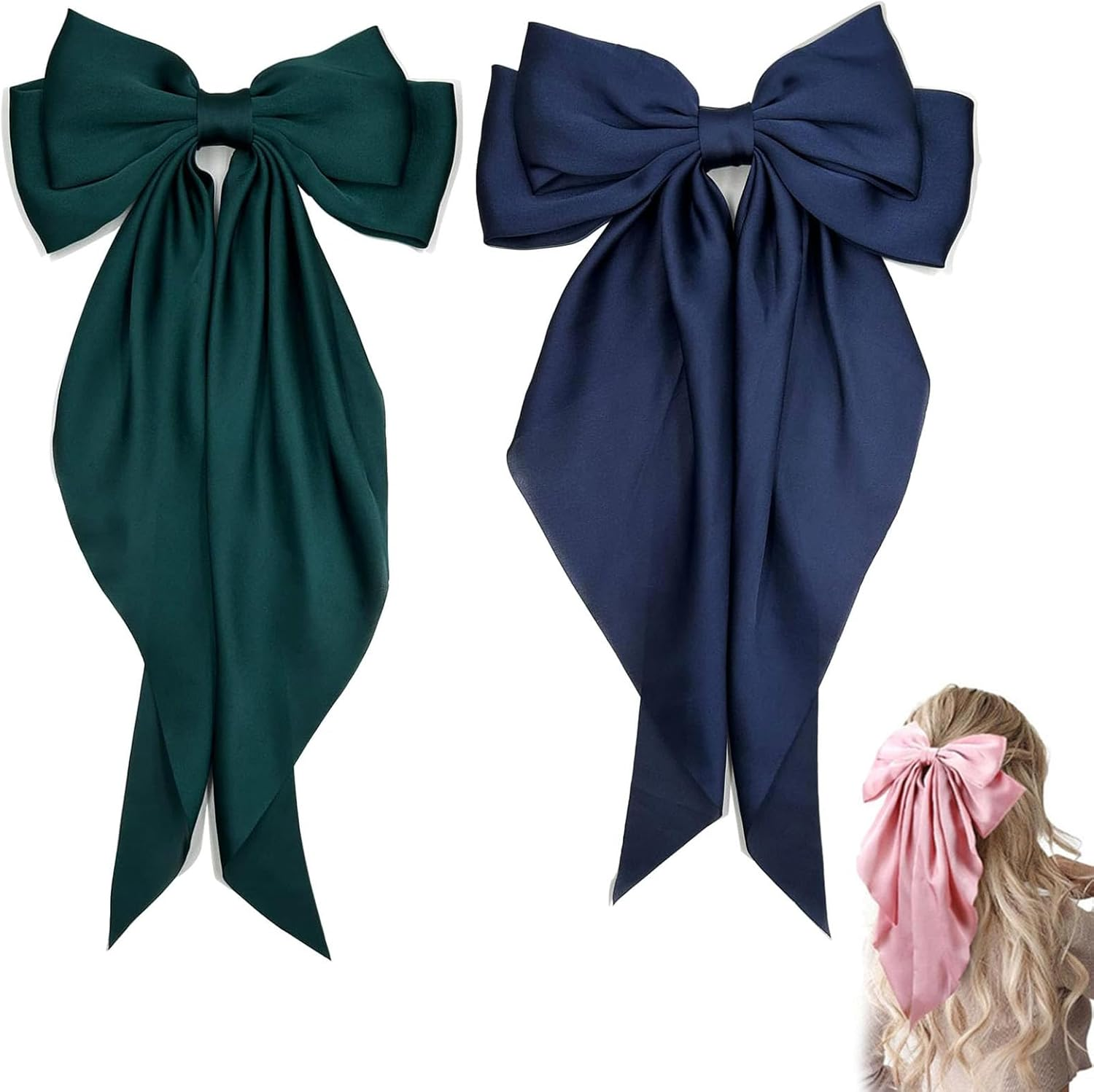 Bow Hair Clips Solid Color Bow French Automatic Hair Clip with Long Silky Satin Tail Large Bows for Simple Women Girls Barrettes Hair Fastener Accessorie (White-Dark Blue, 2)