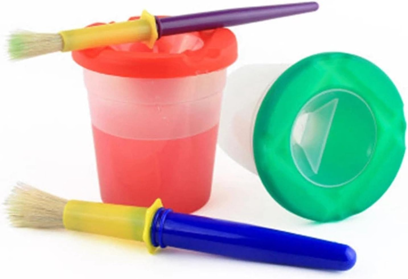 10 Pieces Spill Proof Paint Cups with Paint Brushes with Lids for Kids Toddler Painting Tools Brushes for Watercolor, Tempera, Washable, Acrylic, Crafts image number 1